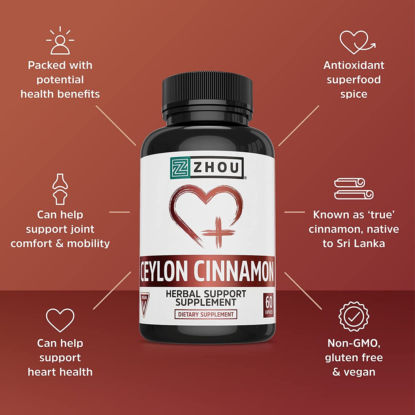Ceylon Cinnamon | Supports Heart Health and Joint Mobility | True Cinnamon Native to Sri Lanka | 30 Servings, 60 CT TLBH