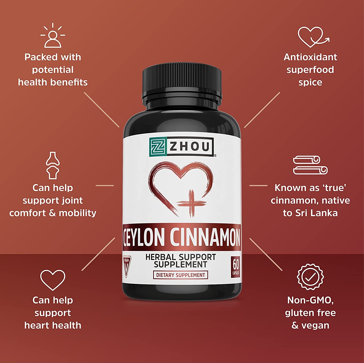Ceylon Cinnamon | Supports Heart Health and Joint Mobility | True Cinnamon Native to Sri Lanka | 30 Servings, 60 CT TLBH