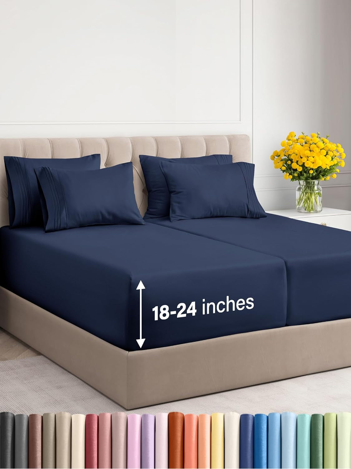 Extra Deep King Sheet Set - 6 Piece Breathable & Cooling Sheets - Hotel Luxury Bedding Set 18-24 Inch Extra Deep Pockets - Easy & Secure Fit - Super Soft, Wrinkle Free & Comfy - Navy Blue, King Size
