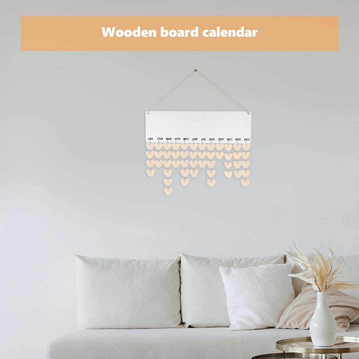 Family Birthday Wooden Reminder Calendar Board Wall Hanging Plaque Board Wood Heart Tags with 50 PCS Iron Loops for Wedding Birthday Christmas Home Wall Decor
