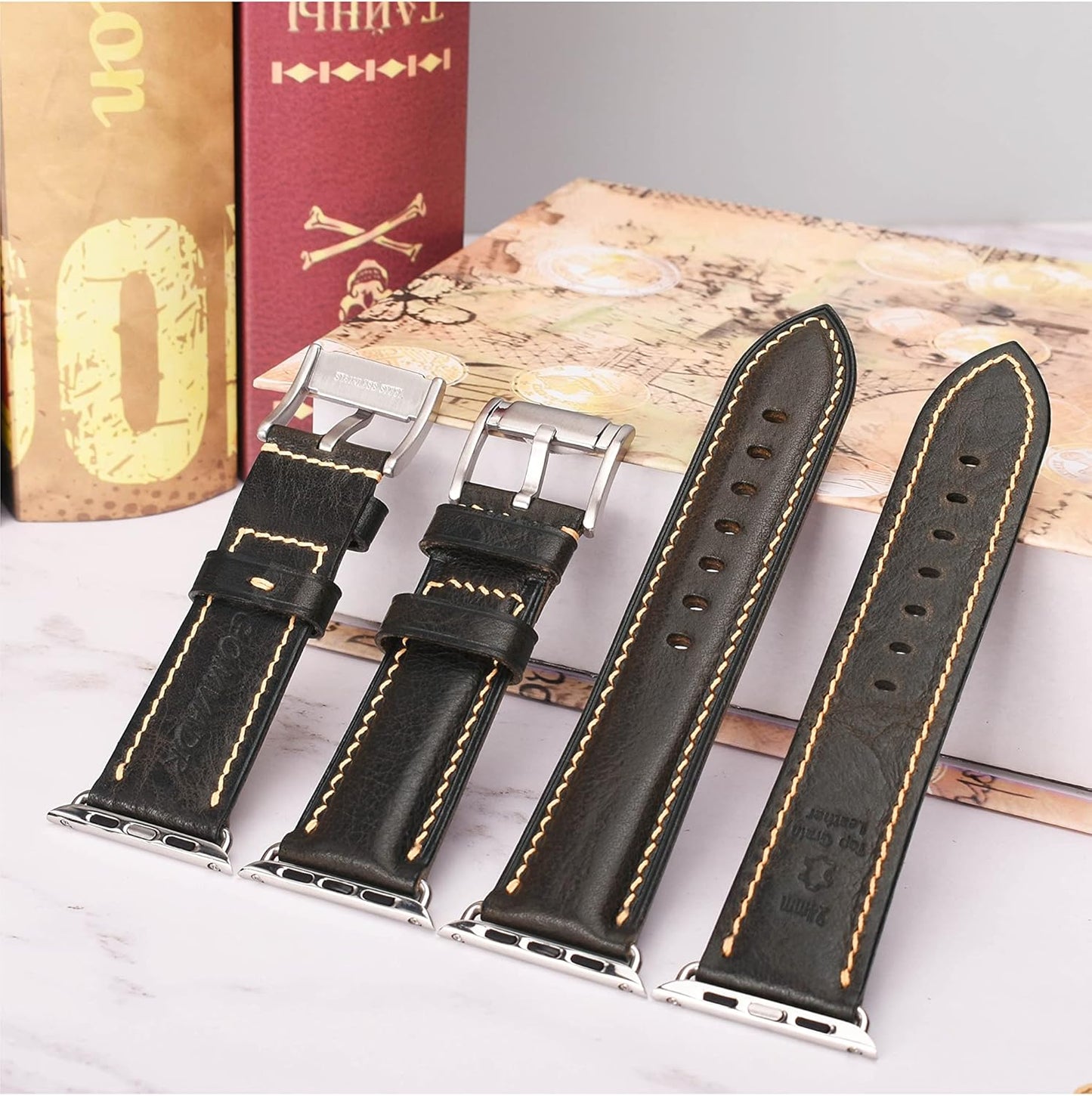 Vintage Leather Watch Bands Compatible with Apple Watch Band 38Mm/40Mm/41Mm 42Mm/44Mm/45Mm, Top Grain Genuine Leather Replacement Watch Strap for Apple Watch Series SE 9 8 7 6 5 4 3 2 1 SE for Men Women