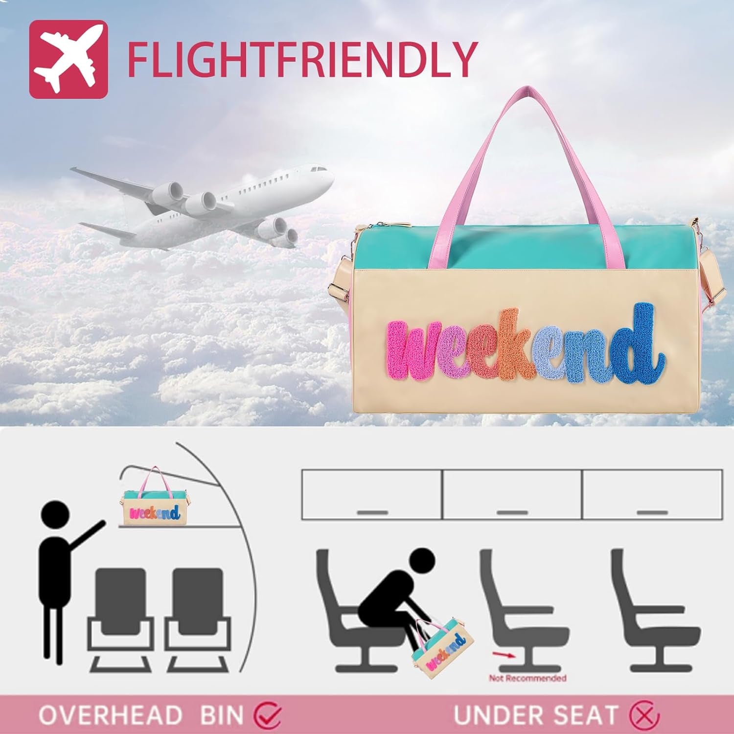 Chenille Letter Travel Duffle Bag Large PU Leather Weekender Overnight Bag for Women Carry on Bags Travel Tote（Weekender）