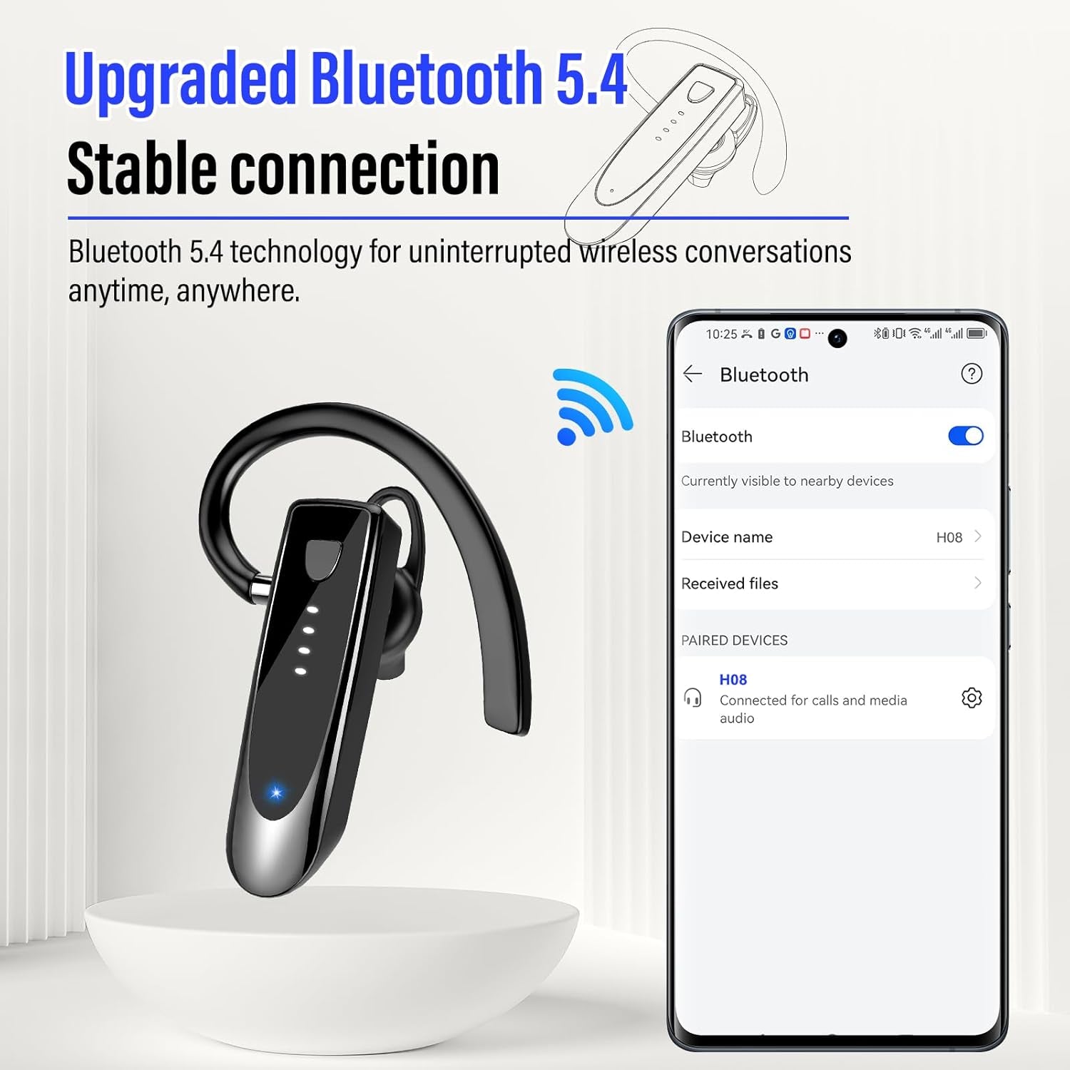 Bluetooth Earpiece, Bluetooth 5.4 Wireless Handsfree Headset with Microphone, 20Hrs Call Time Bluetooth Headset, 180 Hrs Standby Time Headset for Business/Trucker/Driver, Bright Black TRUCK DRIVER