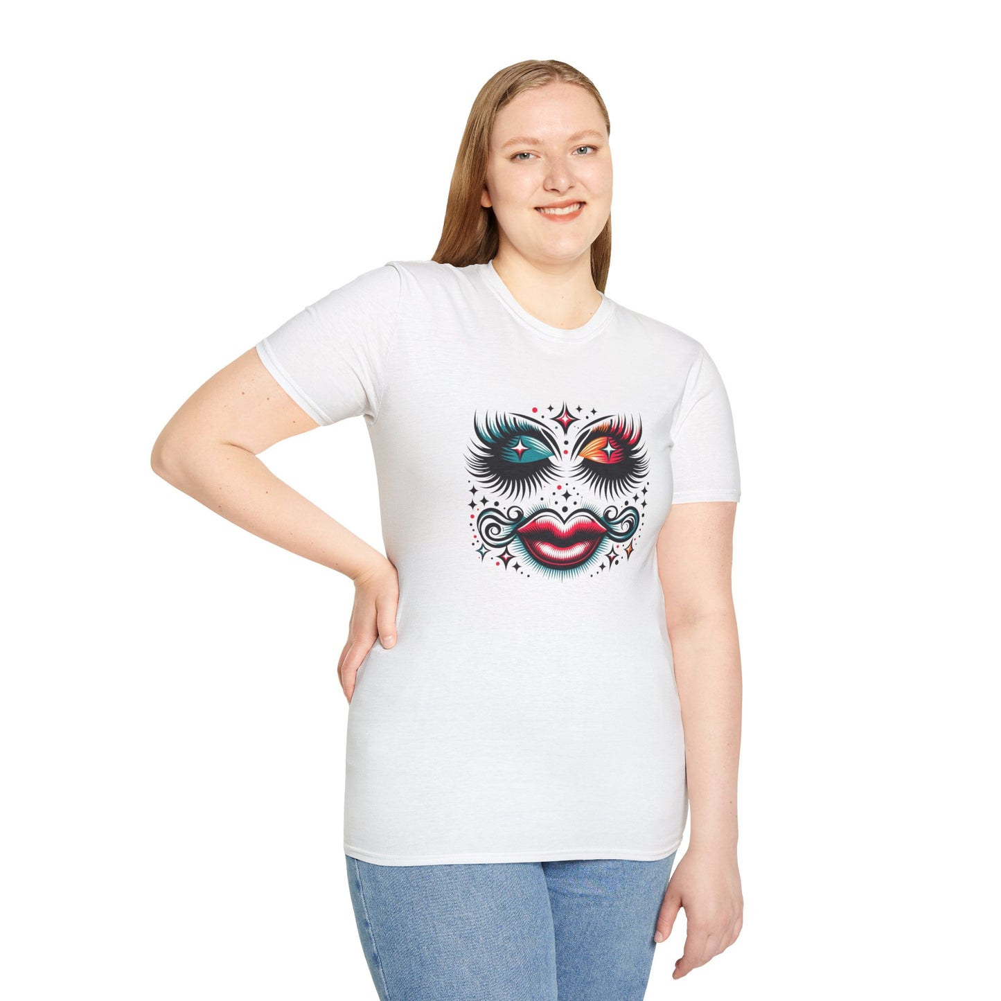 LASHES Vibrant Face Graphic T-Shirt - Unisex Softstyle Tee for Festivals & Celebrations