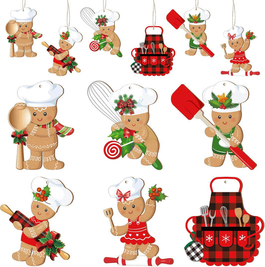 36 Pieces Gingerbread Man Christmas Ornaments Wooden Christmas Tree Decoration Set Hanging Gingerbread House Decorations Assorted Small Decor for Xmas Tree Rustic Candy Cane Holiday Decorations