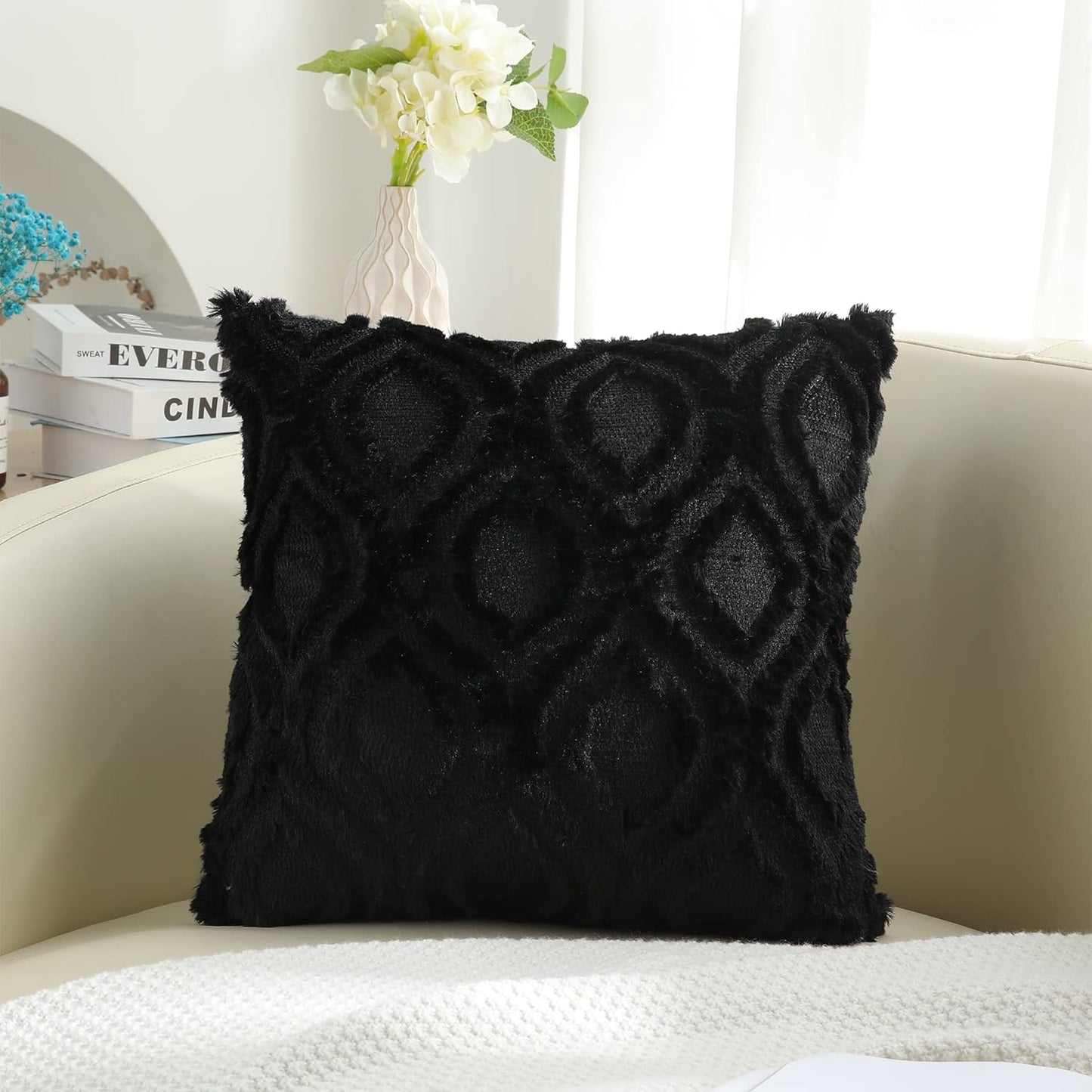 Decorative Throw Pillow Covers 18X18, Soft Plush Faux Wool Couch Pillow Covers for Home, Set of 2, Black