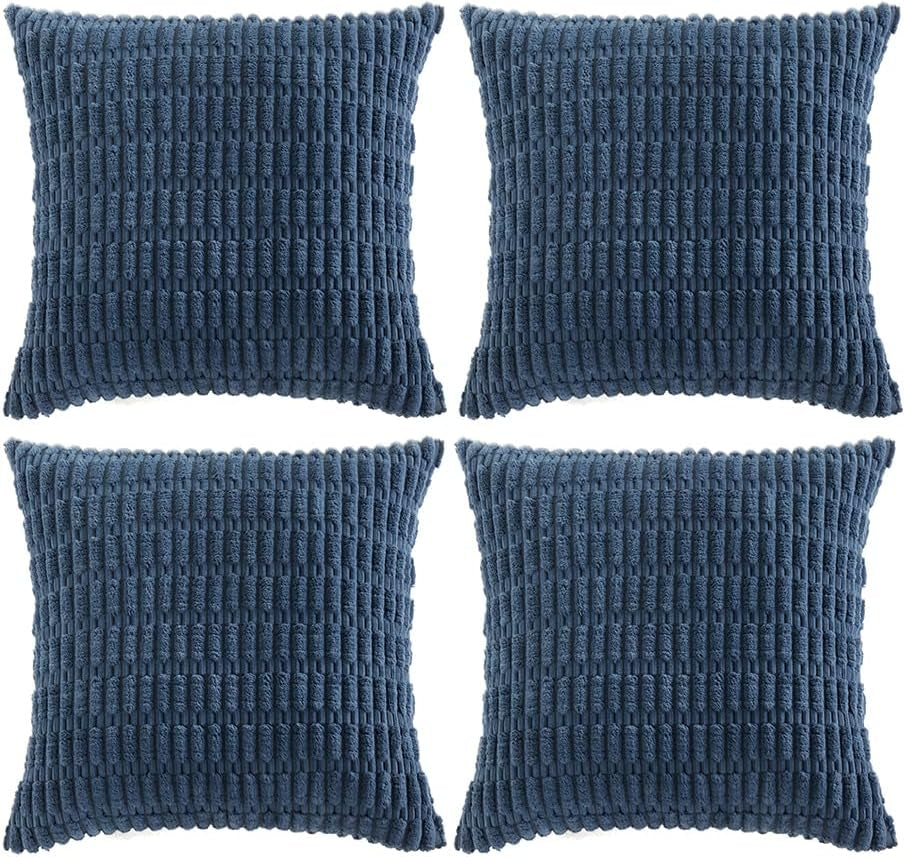 4 Packs Dusty Blue Decorative Throw Pillow Covers 18X18 Inch for Living Room Couch Bed Sofa, Rustic Farmhouse Boho Home Decor, Soft Plush Striped Corduroy Square Cushion Case 45X45 Cm