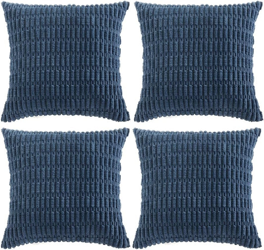 4 Packs Dusty Blue Decorative Throw Pillow Covers 18X18 Inch for Living Room Couch Bed Sofa, Rustic Farmhouse Boho Home Decor, Soft Plush Striped Corduroy Square Cushion Case 45X45 Cm