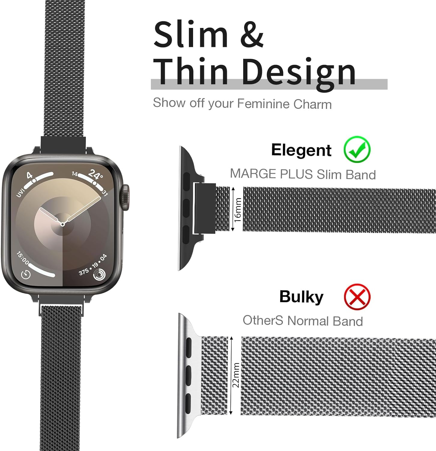 Slim Milanese Loop Compatible with Apple Watch Band for Women 40Mm 41Mm 38Mm 44Mm 45Mm 49Mm 42Mm, Stainless Steel Magnetic Mesh Strap Work on Iwatch Bands Series 9 8 7 6 5 4 3 2 1 Ultra SE