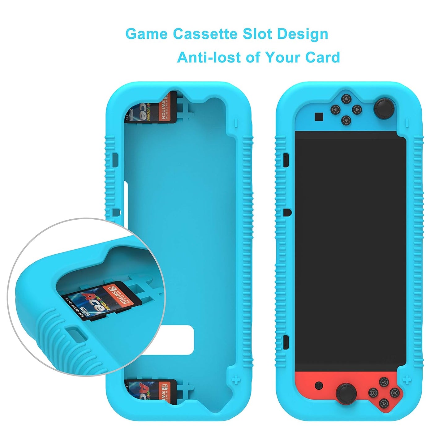 Protective Silicone Case for Nintendo Switch, Grip Cover with Tempered Glass Screen Protector, 2 Storage Slots for Game Cards, Shock-Absorption & Anti-Scratch (Blue)