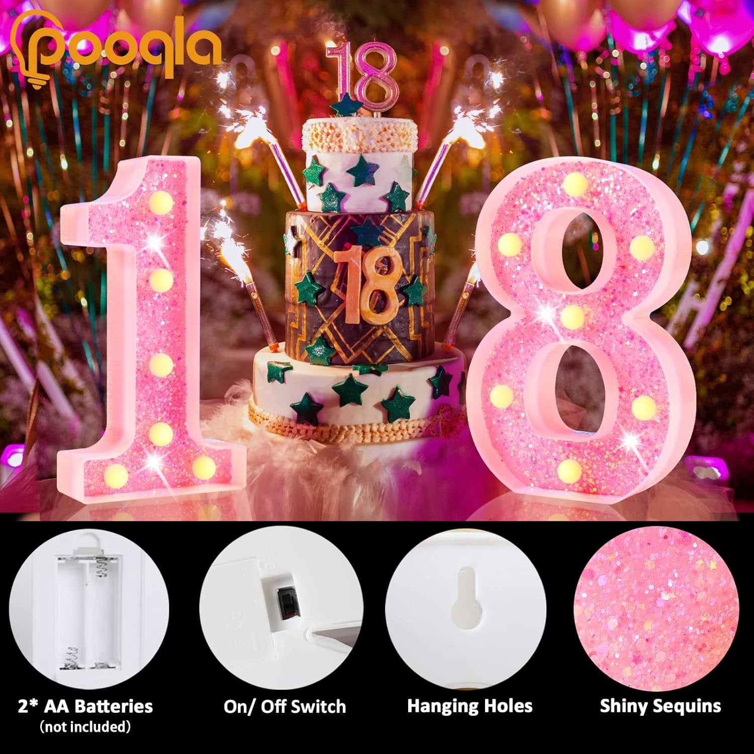 Marquee Numbers Lights, Light up Numbers Battery Powered, Glitter Lighted Numbers for Birthday Party, Shiny LED Numbers for Christmas Wedding Home Bar Decoration, Pink Number 3