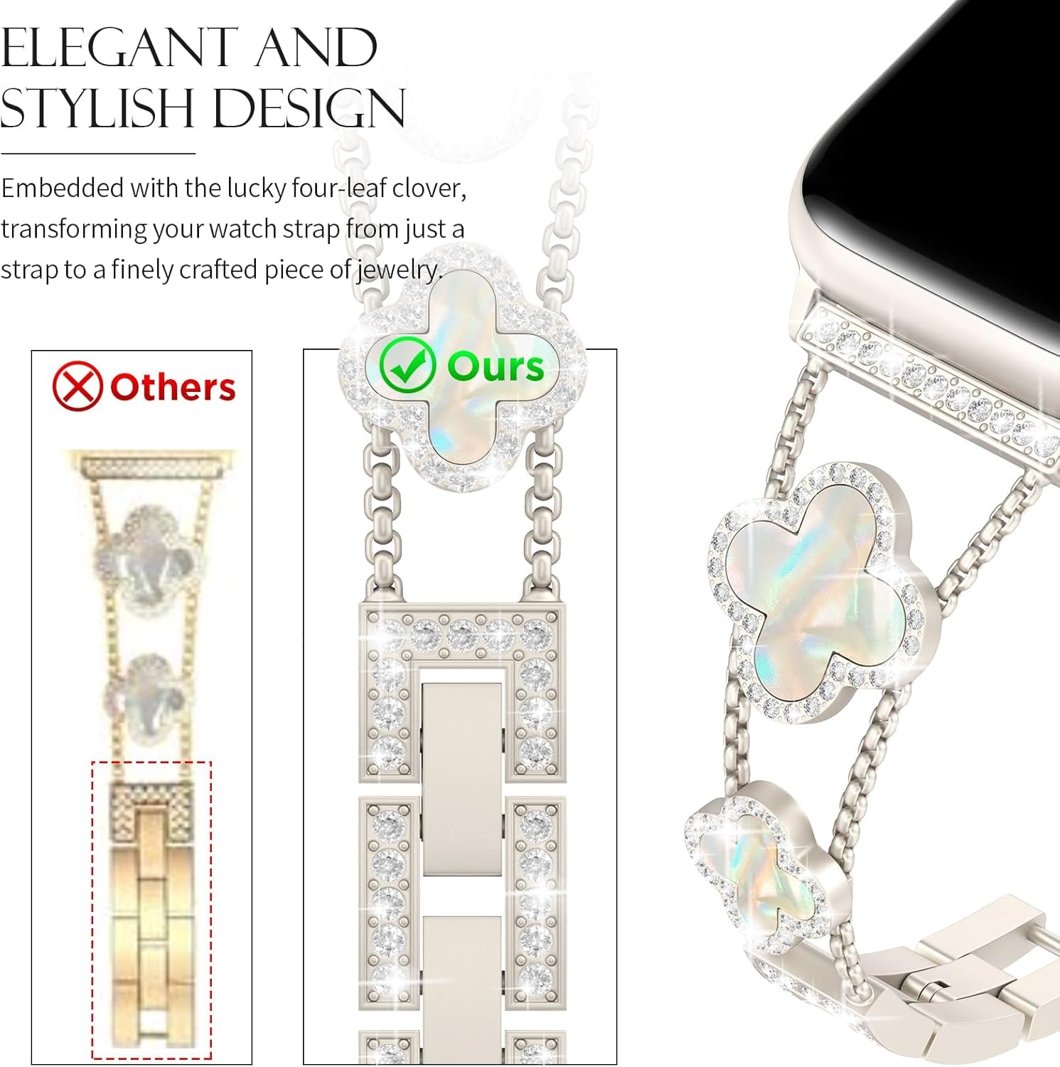 Bling Womens Band Compatible with Apple Watch Band 40Mm 41Mm 38Mm Series 9 8 7 6 5 4 3 2 1 SE, Sparkle Diamond Replacement Bracelet Wristband, Cute Lucky Clover Dressy Iwatch Band,Starlight/White