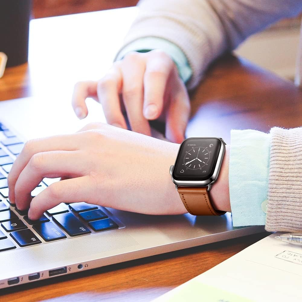 Compatible with Apple Watch Band 49Mm 46Mm 45Mm 44Mm 42Mm(Series 3 2 1), Genuine Leather Band Replacement Strap Compatible with Apple Watch (Black/Black+Brown/Silver)