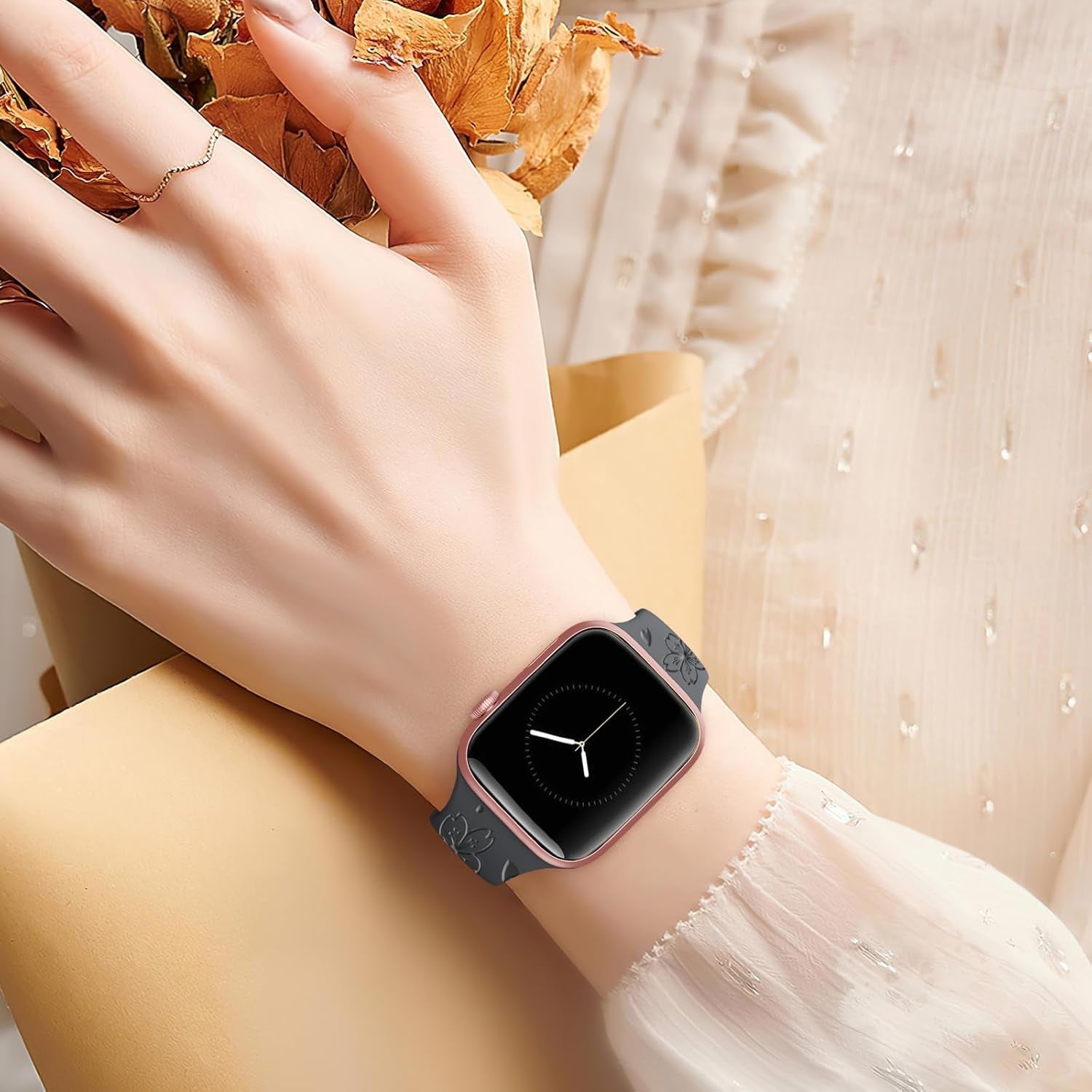 Designer Floral Engraved Band Compatible with Apple Watch Bands 40Mm 38Mm 41Mm 42/45/49Mm,Two-Tone Flower Soft Silicone Sport Strap for Iwatch Series 9 Ultra SE 8 7 6 5 4 3 2 Coal Grey