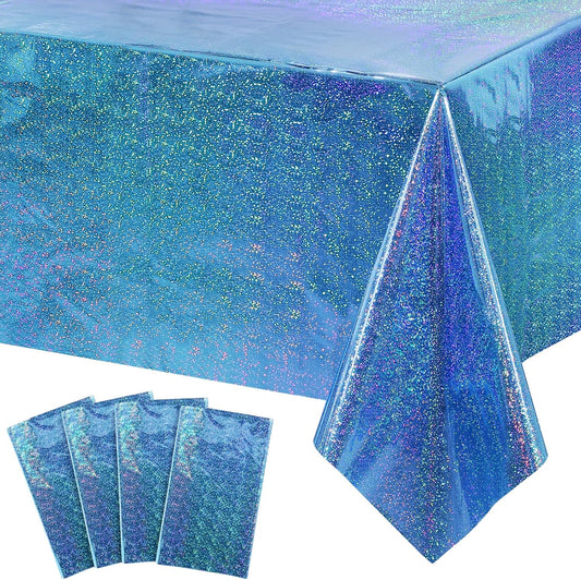 4 Pack Iridescence Plastic Tablecloths Shiny Disposable Laser Rectangle Table Covers Holographic Foil Tablecloth Iridescent Party Decoration Birthday Bridal Wedding Christmas 54" X 108" (Blue)