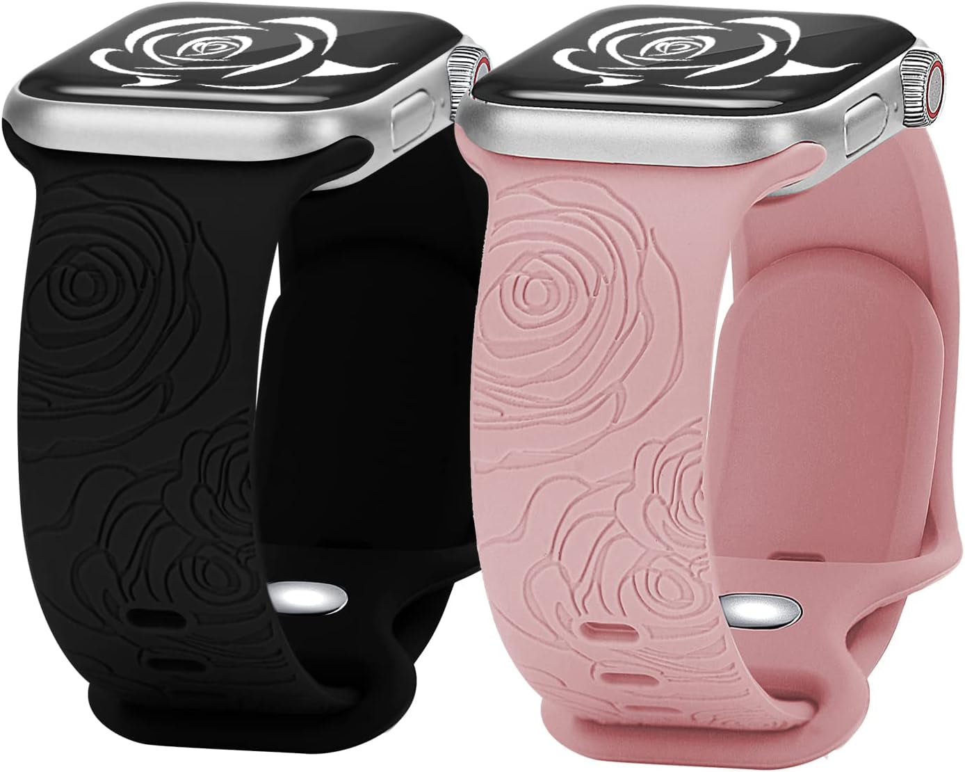 Rose Engraved Silicone Band Compatible with Watch Band 38Mm 40Mm 41Mm 44Mm 45Mm 42Mm Women Men,Sport Strap Replacement Wristbands for Watch Series 7/6/5/4/3/2/1/SE,2 Pack