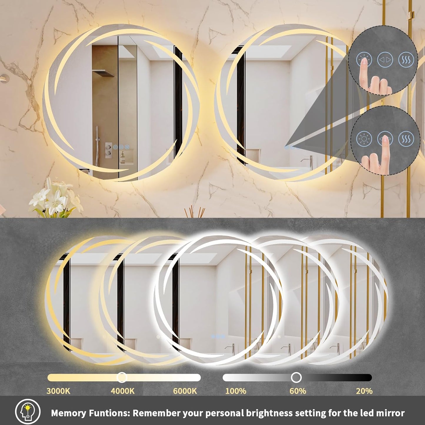 round LED Bathroom Mirror: 24” Circle Lighted Dimmable Wall Mounted Vanity Mirror with Bright Backlit - Smart Mirror anti Fog with Touch Switch for Restroom Bedroom Living Room