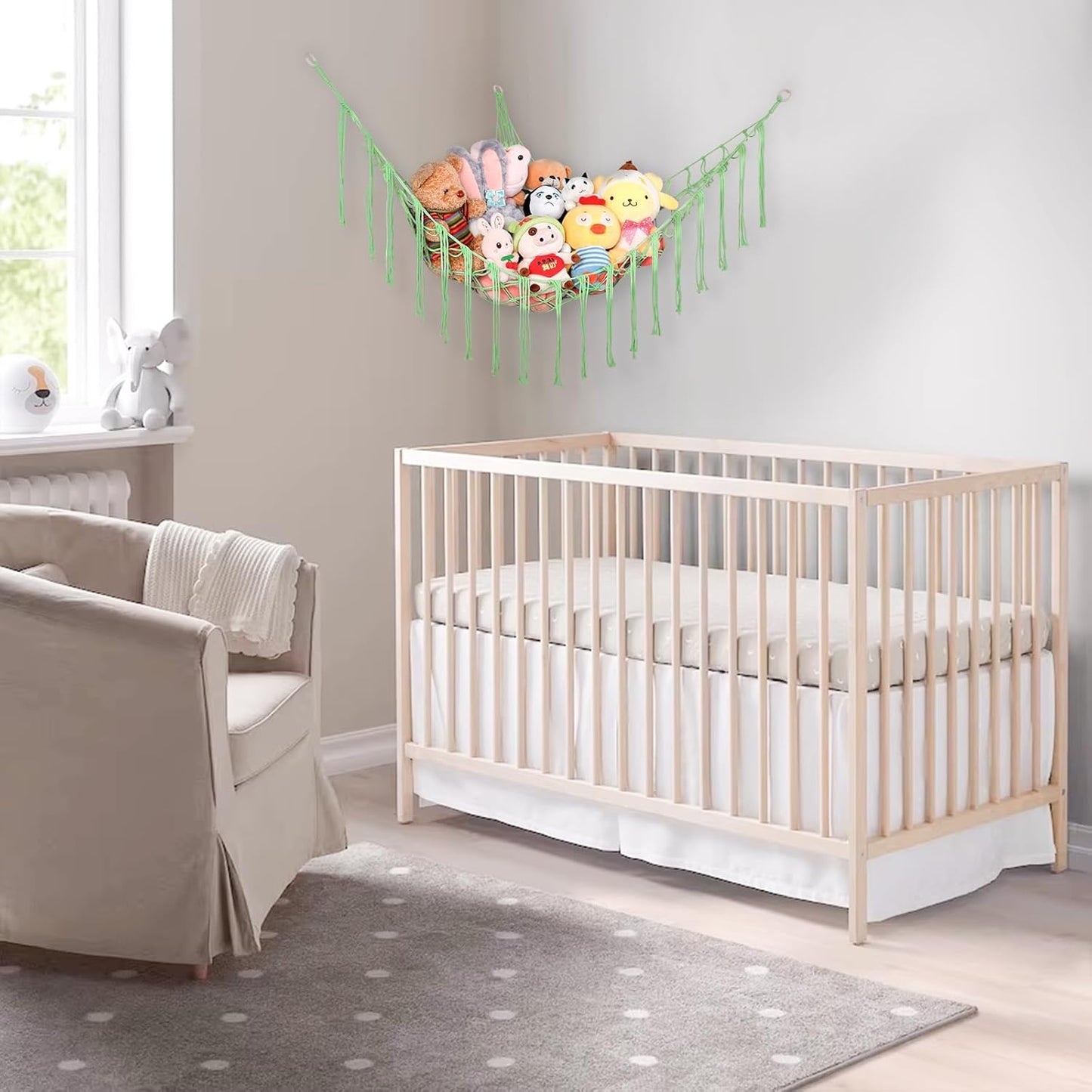 Boho Stuffed Animals Net or Hammock Large,55 Inch Toy Hammock Macrame Stuff Animal Storage Corner Hanging Net Holder,Mesh Hammock Plush Toy Organizer with Hooks for Bedroom,Nursery (Deep Green)