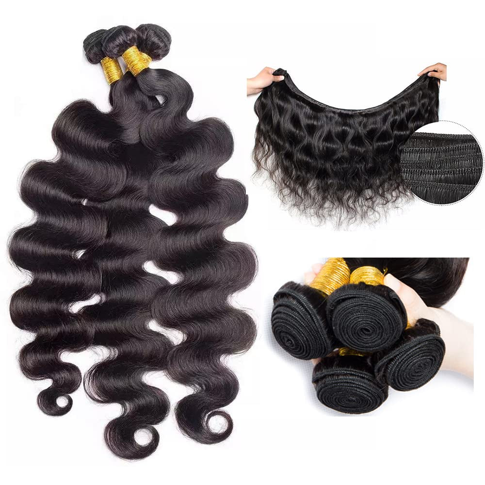 26 28 30 Inch Human Hair Bundles Body Wave 3 Bundles 100% Unprocessed Brazilian Hair Weave Bundles Body Wave Human Hair Bundles Natural Black Color 300G