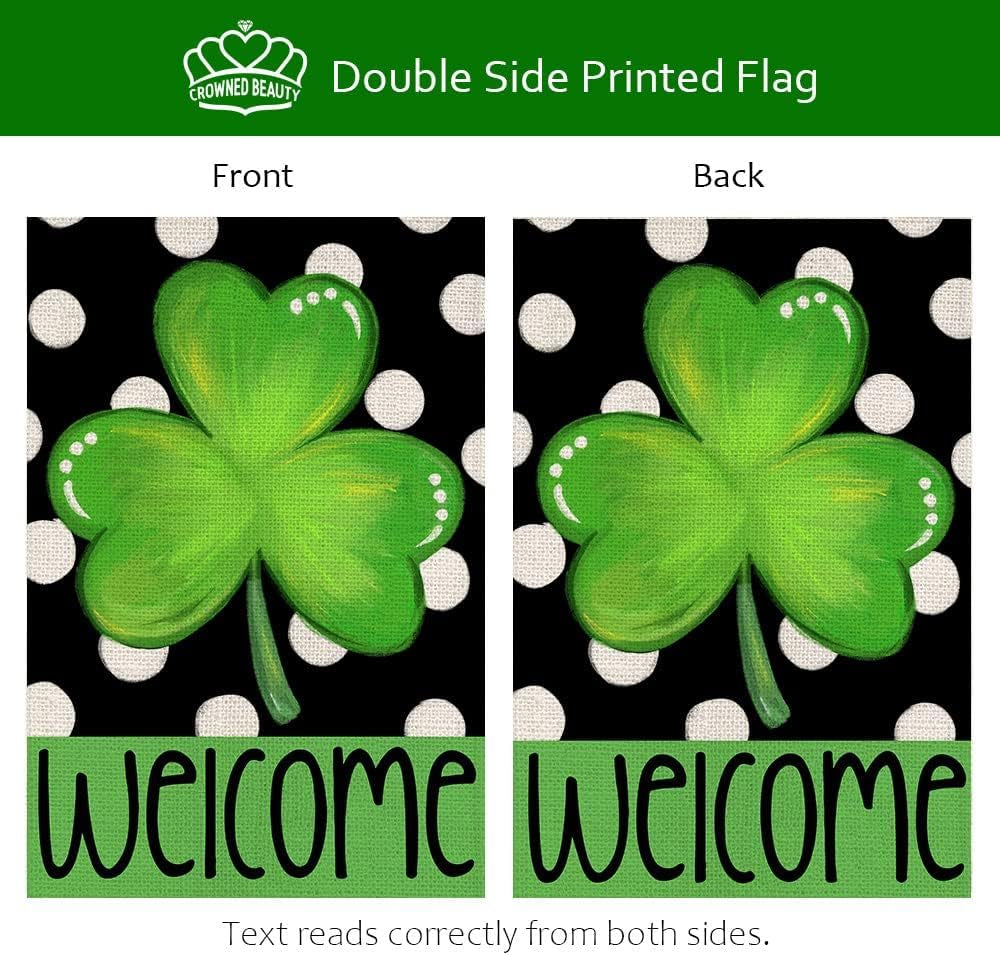 St Patricks Day Shamrock Garden Flag 12×18 Inch Double Sided Green Clover Small Burlap Welcome Polka Dots Holiday Yard Flag for Outside