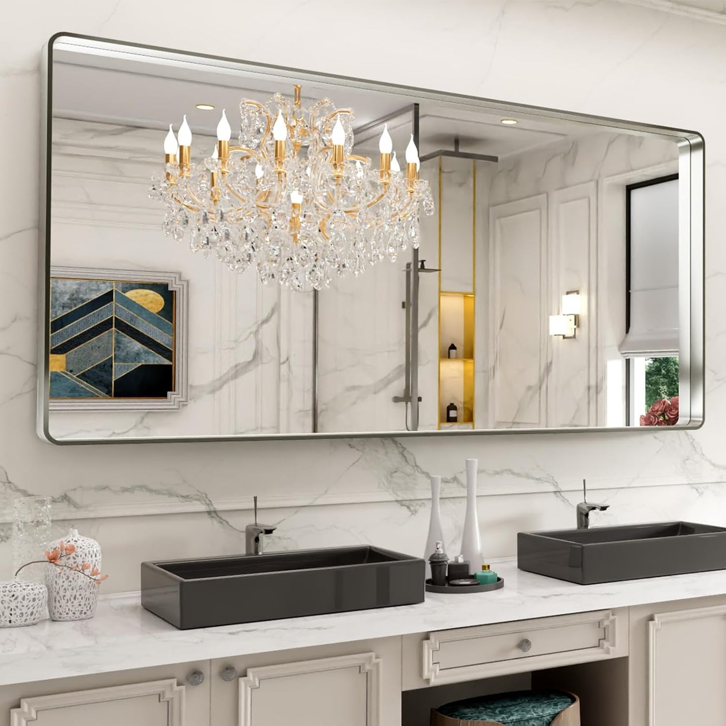 50X30 Inch Black Metal Framed Bathroom Mirror for Wall, Matte Black Bathroom Vanity Mirror Farmhouse, Large Rounded Rectangle Mirror, Anti-Rust, Tempered Glass, Hangs Horizontally or Vertically