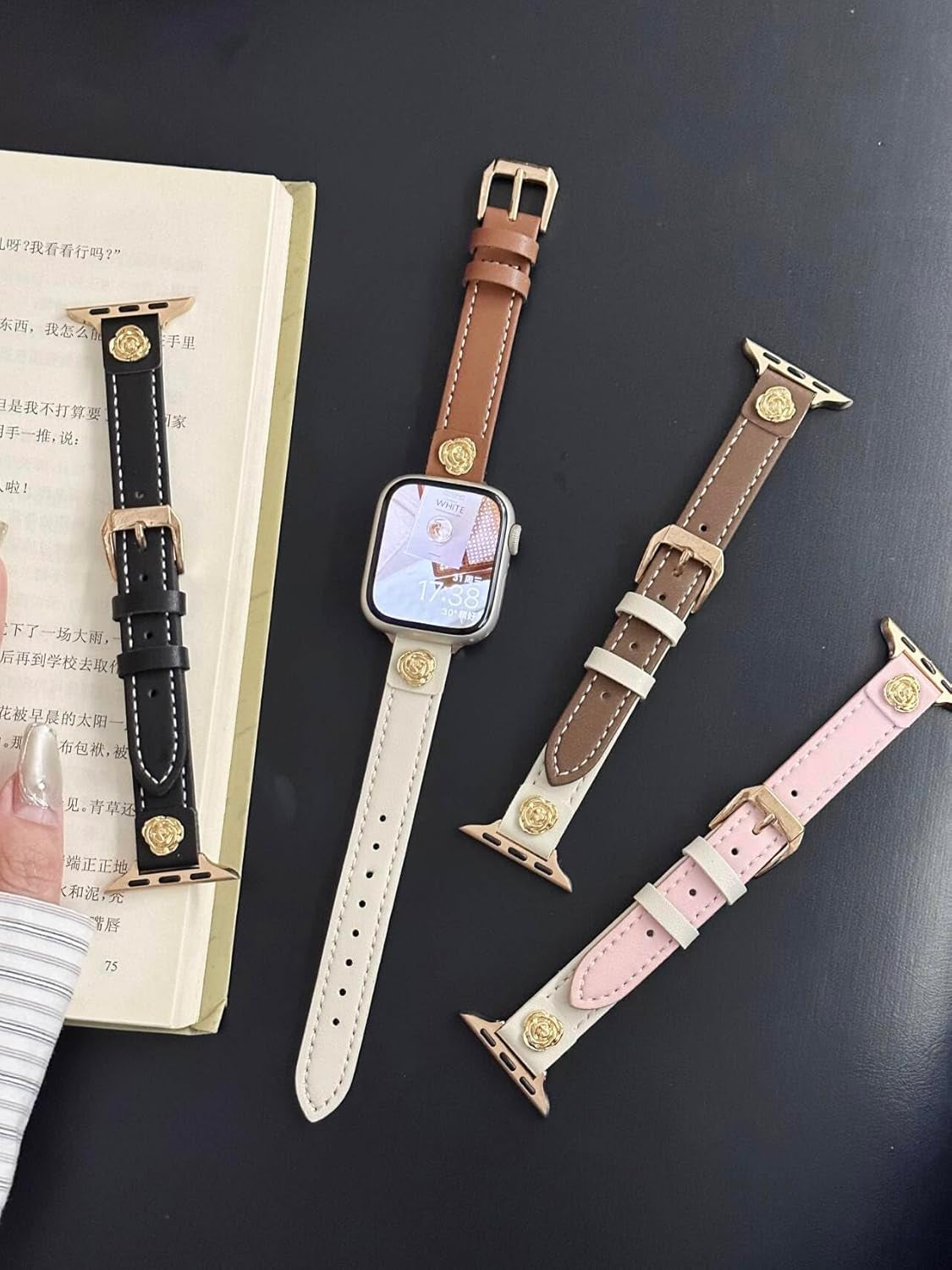 Leather Band with Rose Charm Compatible with Apple Watch Bands for Women 38/40/41/42/44/45/46/49Mm Dressy Slim Leather Strap for Iwatch Series 10/9/8/7/6/5/4/3/2/1/Se/Ultra 2