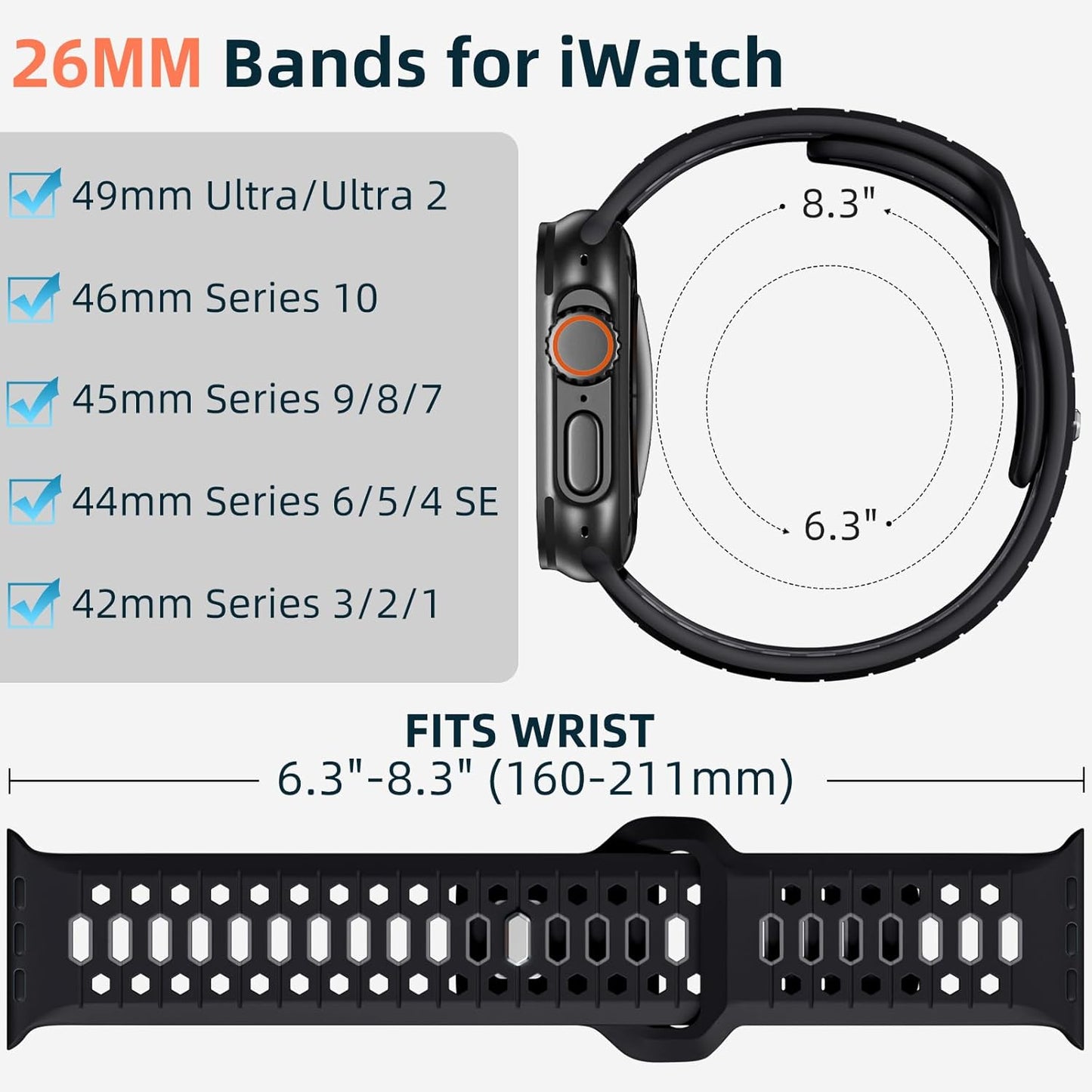 Black & Gray 26MM Width Breathable Silicone Sport Band Compatible with 49Mm Apple Watch Ultra 2/1, 46Mm Series 10, 45Mm Series 9 8 7, 44Mm Series 6 5 4 SE 2/1, 42Mm Series 3 2 1