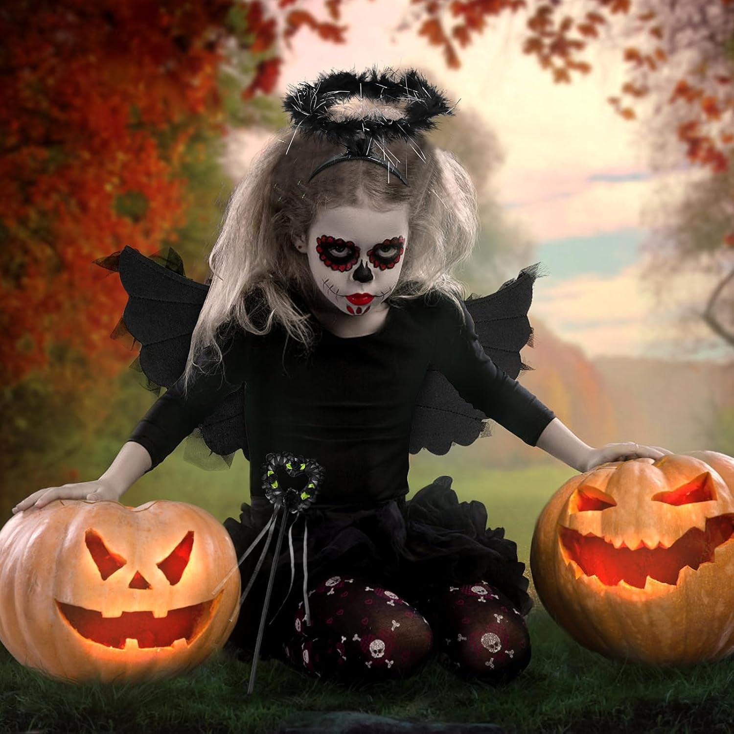 Black Angel Wings and Halo Costume for Girls 4-12, Set of 6 Fallen Angel Dress Halloween Costume Kit with Angel Wing, Halo, Dress, Devil Wand and Halloween Tattoo Stickers for Hallowee, Theme Parties