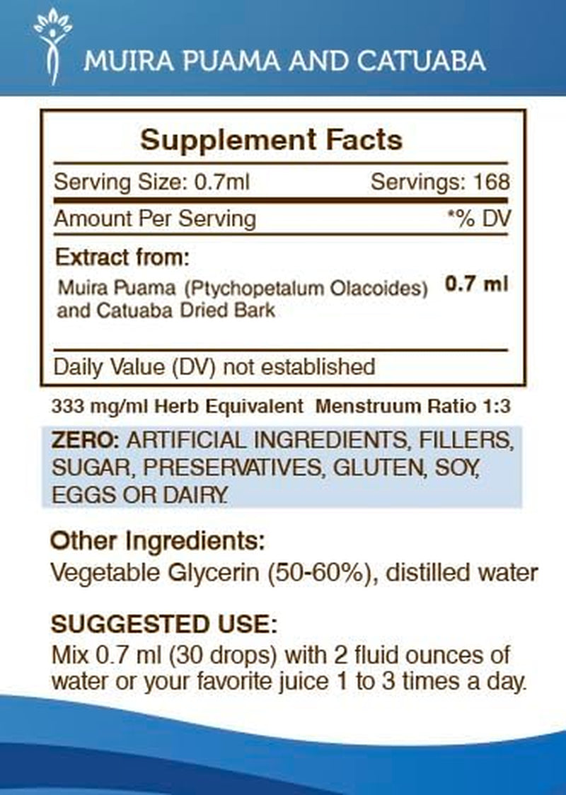 Muira Puama and Catuaba Tincture Alcohol-Free Extract, High-Potency Herbal Drops, Tincture Made from Muira Puama and Catuaba Ptychopetalum Olacoides 4 Oz TLBH