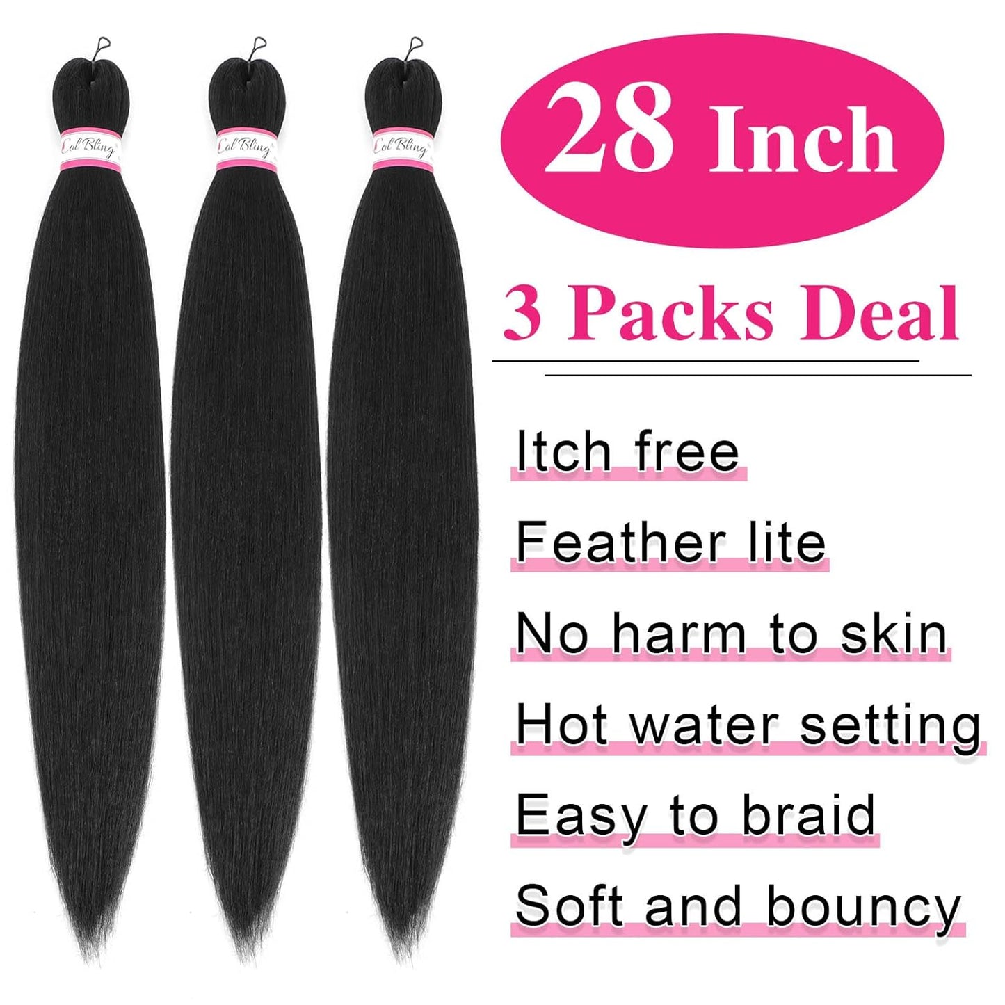 Braiding Hair Pre Stretched 28 Inch 3 Packs Long Braid Hair Extensions for Women Pre-Stretched Yaki Texture Professional Synthetic Softness Knotless Easy to Install & Manage1B#