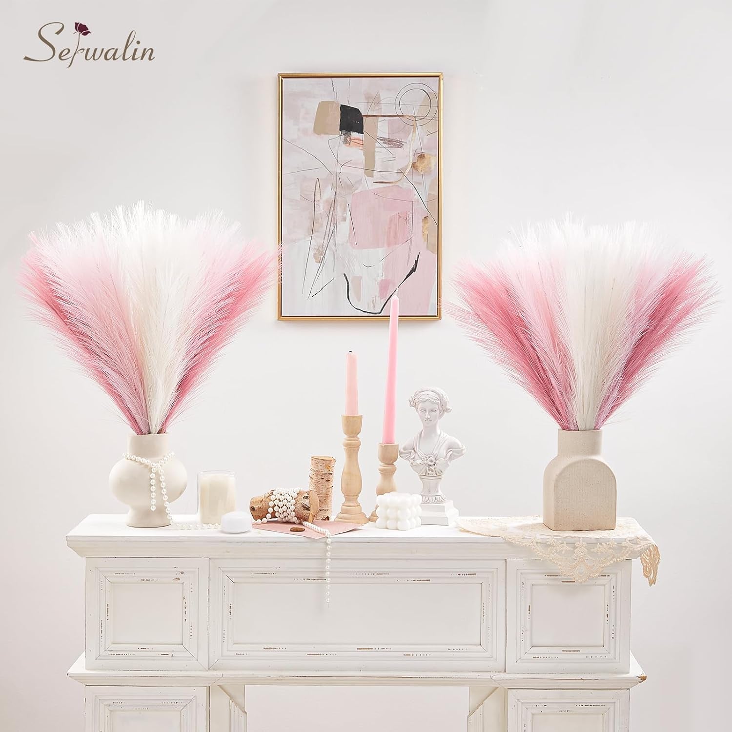 Pampas Grass Pink Decor 17.7 Inch 6Pcs, Faux Pampas Grass Home Decor, Artificial Pampas Grass Blush Fake Pampas, Short Vase Room Christmas Decoration