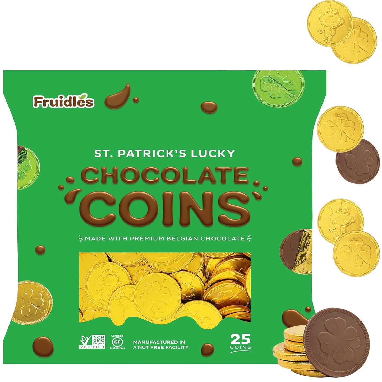 St. Patrick'S Day Chocolate Coins Lucky Gold Coins Foils, Belgian Milk Chocolate Coins Bag Nut-Free (25-Pack)