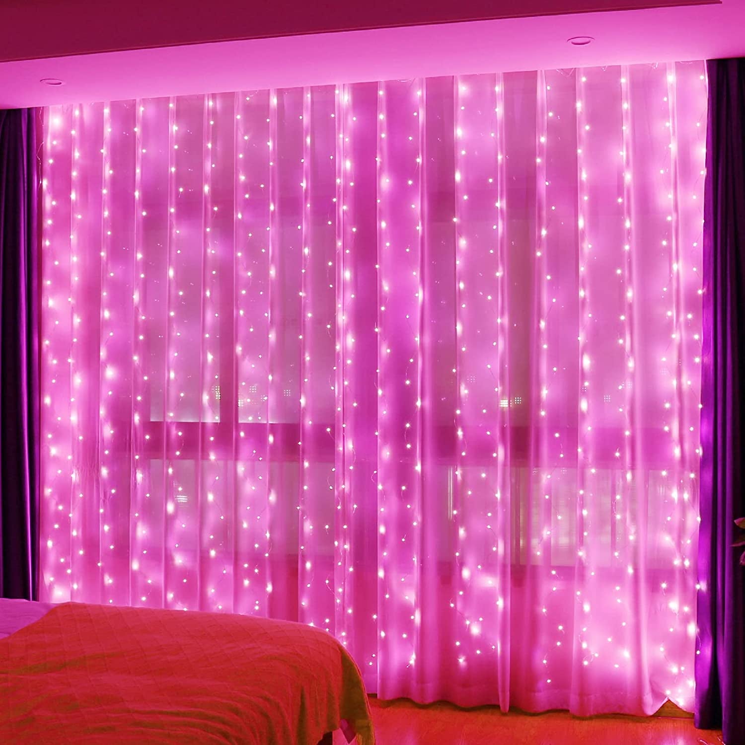 300LED Pink Fairy Curtain Hanging Lights with Remote 8 Modes Timer for Bedroom, 9.8X9.8Ft USB Plug in Christmas Fairy String Lights for Outdoor, Weddings, Party, Garden, Wall, Decorations