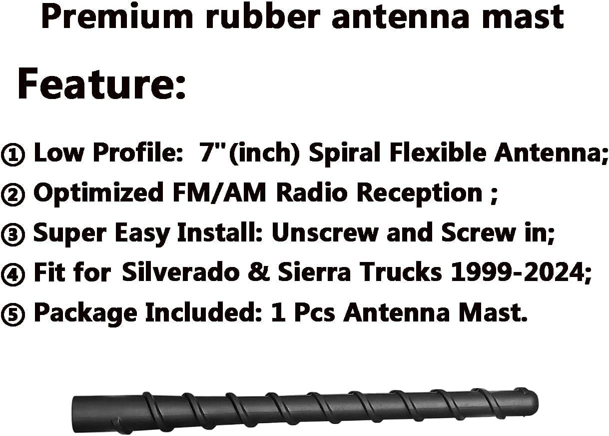 For GM Truck Short Antenna Fit for GMC Sierra 1500-3500 Denali (1999-2025) | Chevy Silverado 1500-3500 (1999-2025) | 7" Spiril Flexible Rubber Antenna, Optimized AM/FM Radio Reception Accessories
