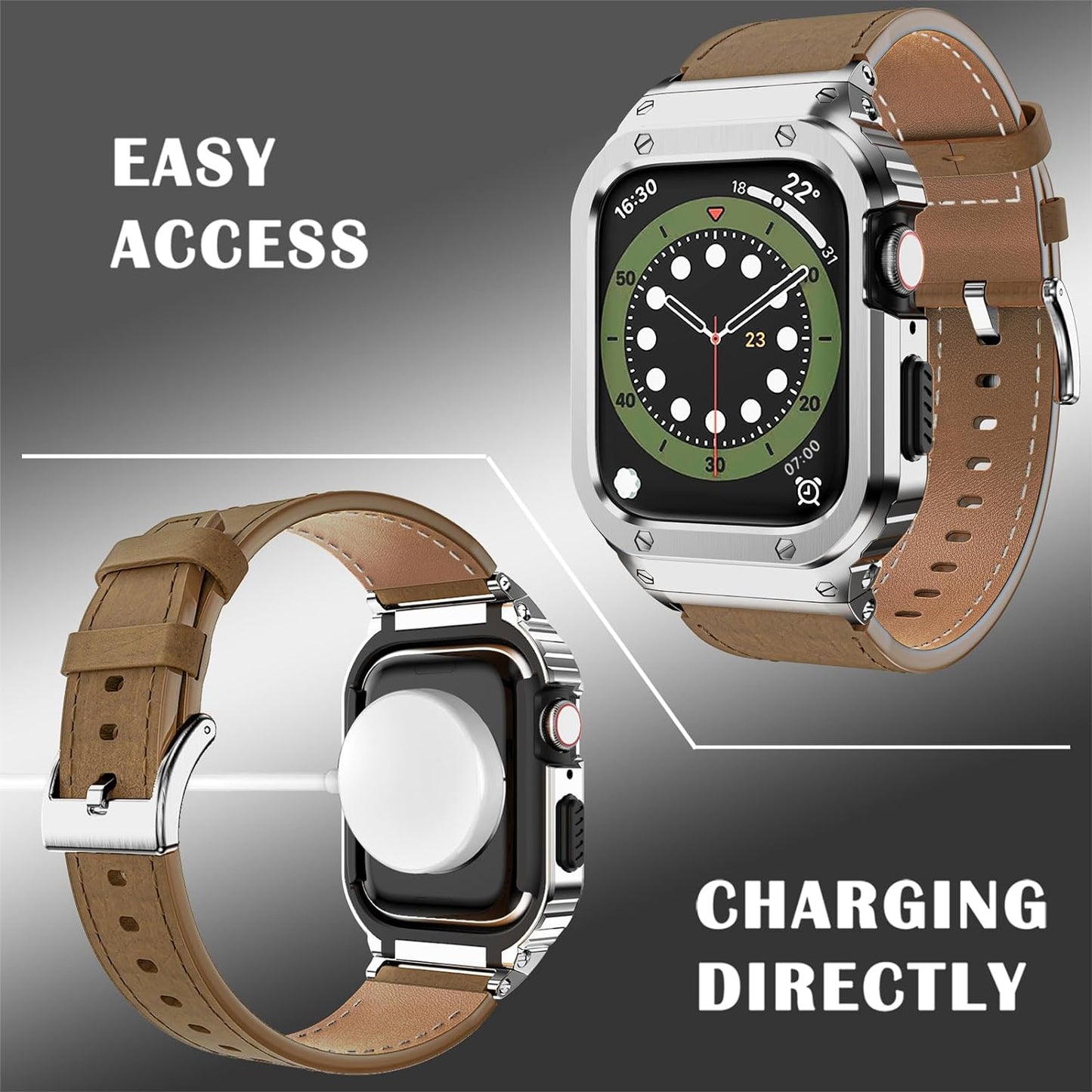 Stainless Steel Case and Bands Compatible with Apple Watch Band 38Mm 40Mm 41Mm 42Mm 44Mm 45Mm 49Mm,Leather Strap Rugged Cover for Iwatch Series Ultra 9 8 7 6 5 4 3 2 1 SE