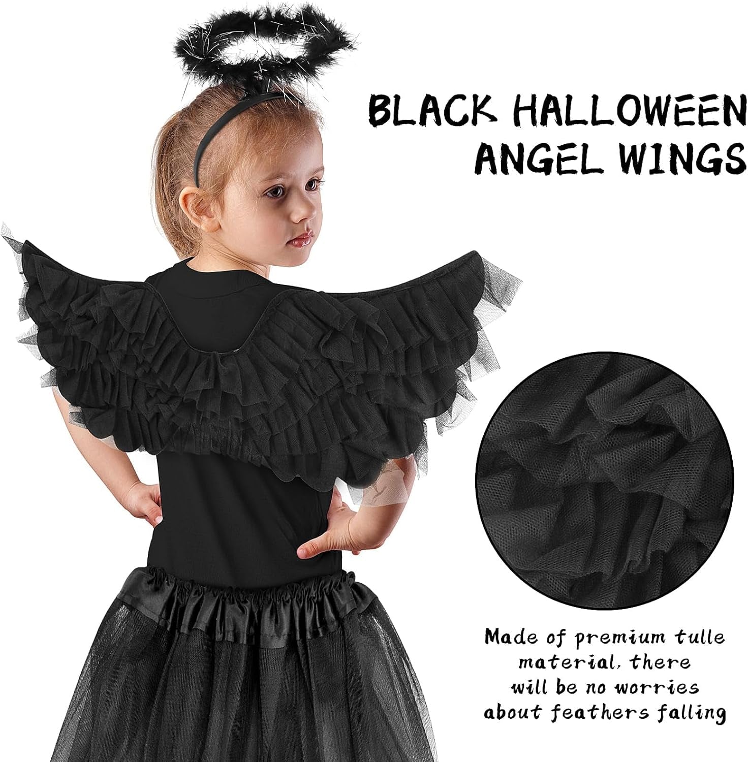 Black Angel Wings and Halo Costume for Girls 4-12, Set of 6 Fallen Angel Dress Halloween Costume Kit with Angel Wing, Halo, Dress, Devil Wand and Halloween Tattoo Stickers for Hallowee, Theme Parties