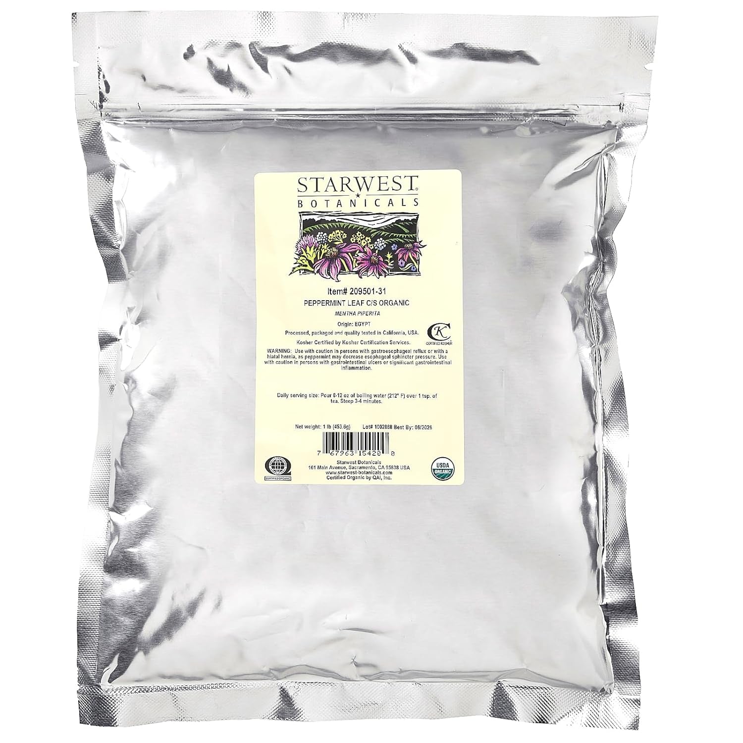 Organic Peppermint Leaf, Cut & Shifted, 1 Lb (453.6 G) TLBH