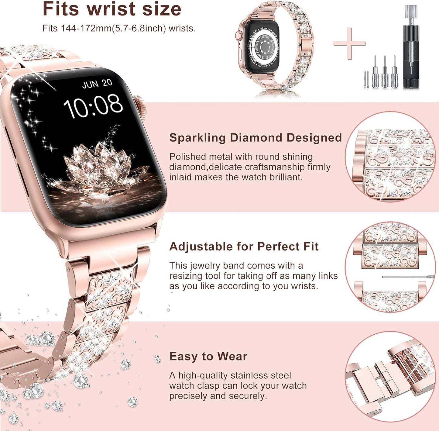 Compatible with Apple Watch Band 38Mm 40Mm 41Mm Series 9 8 7 6 5 4 3 2 1 SE Ultra for Women, Bling Replacement Bracelet Iwatch Band, Sparkle Diamond Rhinestone Stainless Steel Metal Wristband