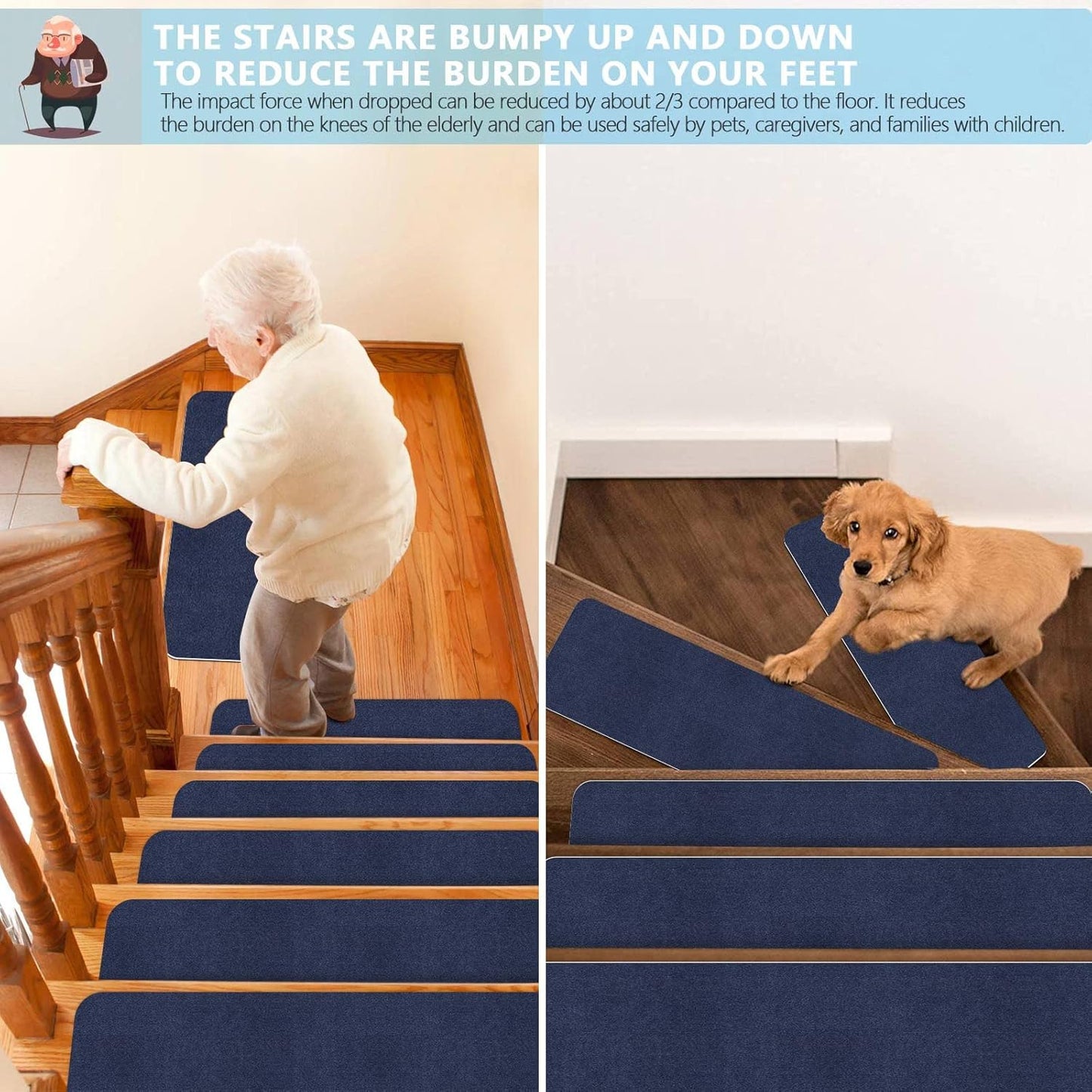 8" X 30" (15 in Pack) Non-Slip Stair Treads Carpet for Wooden Steps, Self-Adhesive Stair Treads Mat, Safety Indoor Stair Runner Mats, anti Slip Stair Rugs for Kids Elders and Dogs，Navyblue