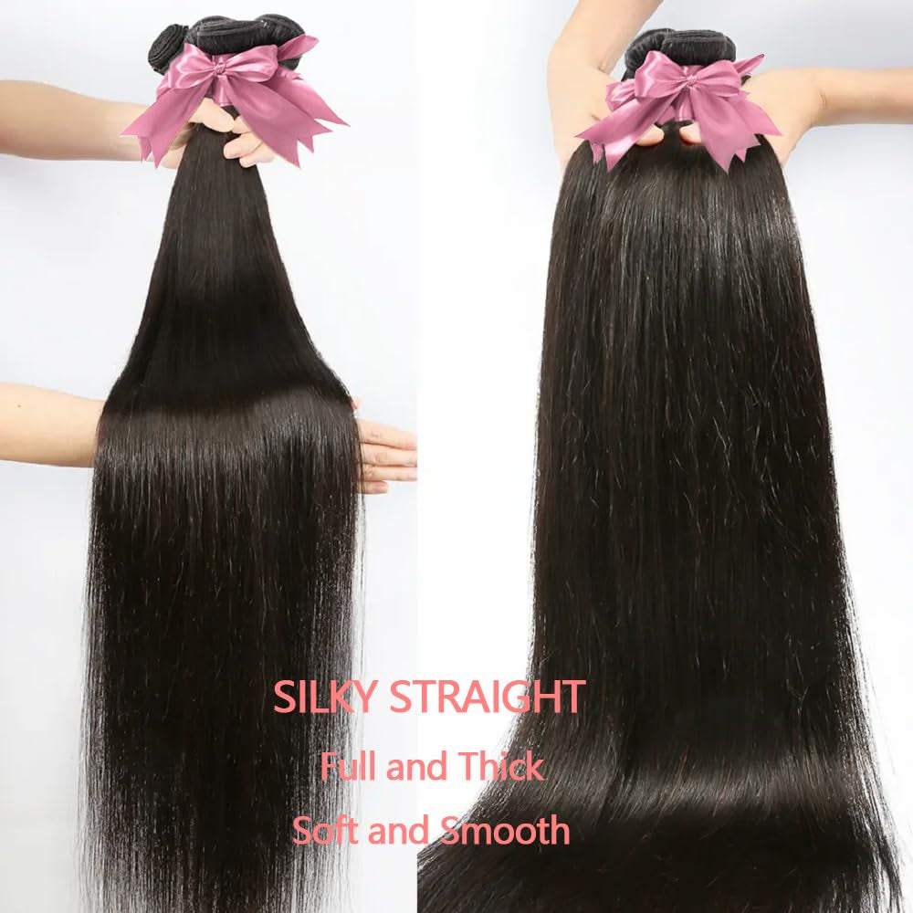 10A Straight Human Hair Bundles (14 16 18 Inch) 100% Unprocessed Brazilian Virgin Weave Bundles Human Hair Extensions Natural Color Double Weft No Split Softness Bundles Full and Thick
