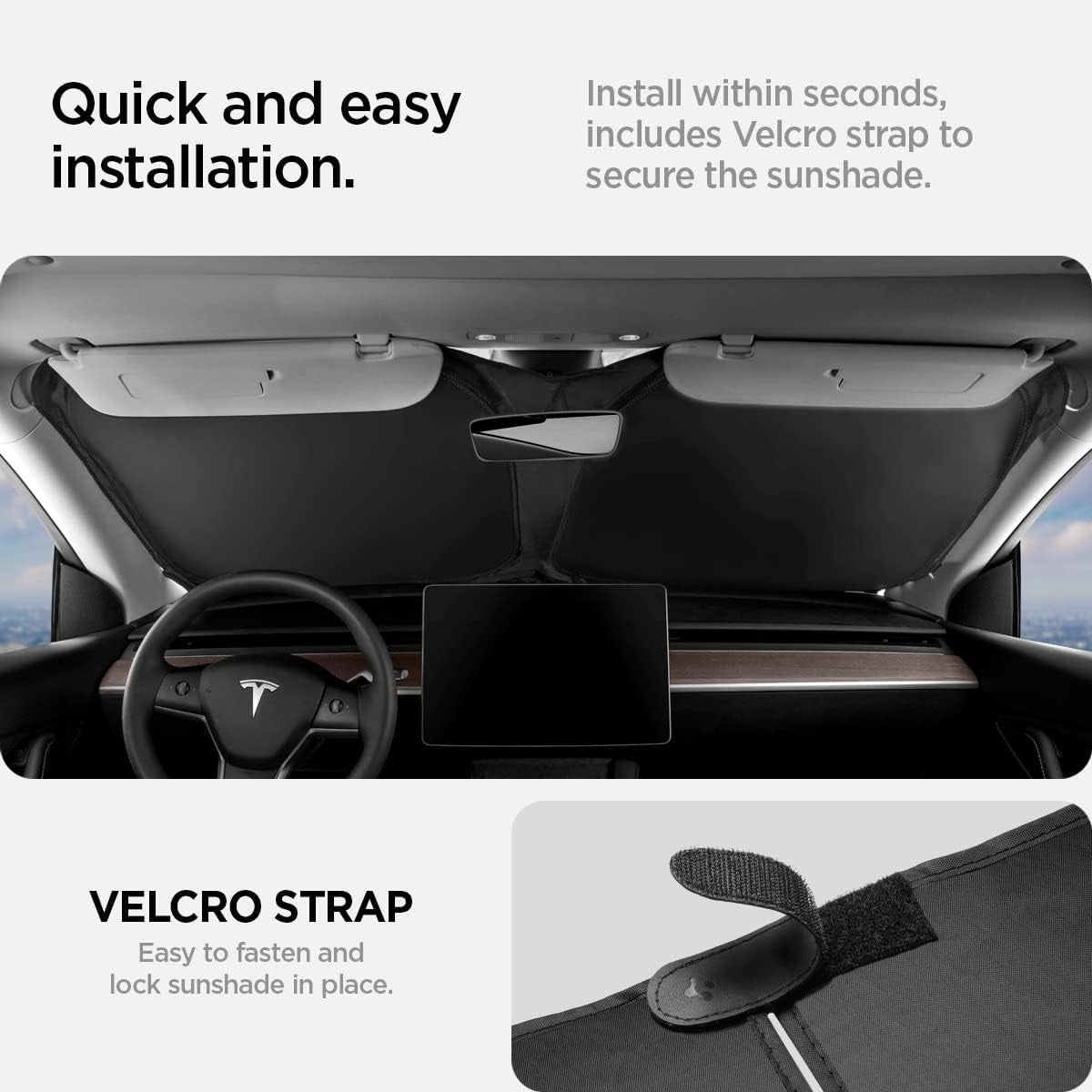 Triple-Coated Cryoshade Front Windshield Sunshade (Reinforced Velcro Strap) Designed for All Tesla Model 3 and Y 2024/2023 / 2022