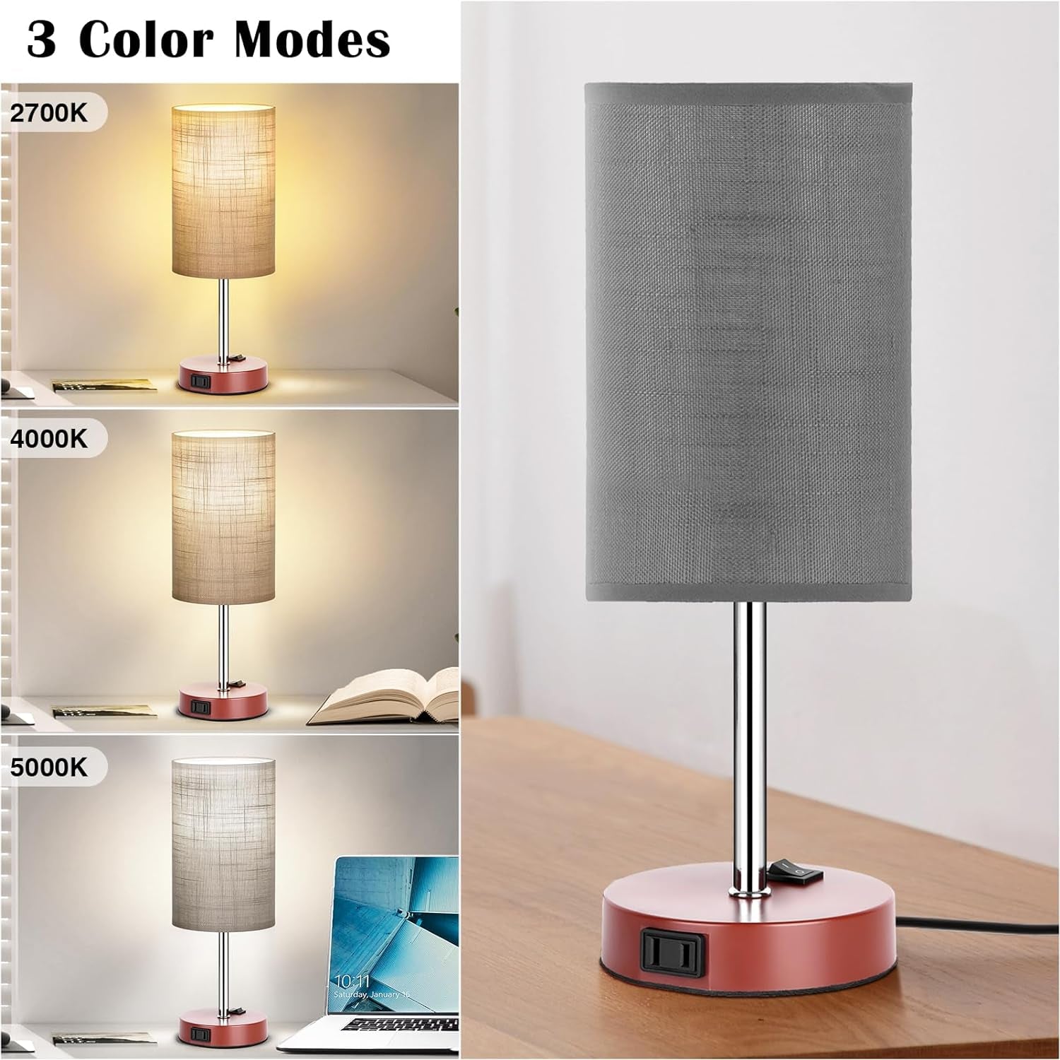 Table Lamp for Bedroom Set of 2, Bedside Small Lamps with 3 Way Dimmable Rocker Switch and AC Outlet, Nightstand Desk Lamp with Gray Fabric Shade Brown Base for Living Room Home Decor Lights
