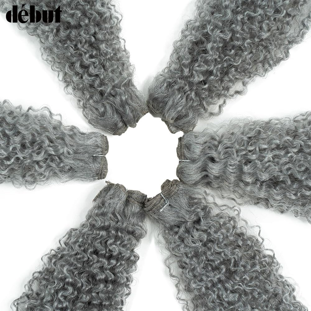 Synthetic Hair 7Pcs Kinky Curly 22 24 26 Inches Gray 6 Bundles Tight Curly Hair with 1Pc Crochet Hair for Black Women Grey Color