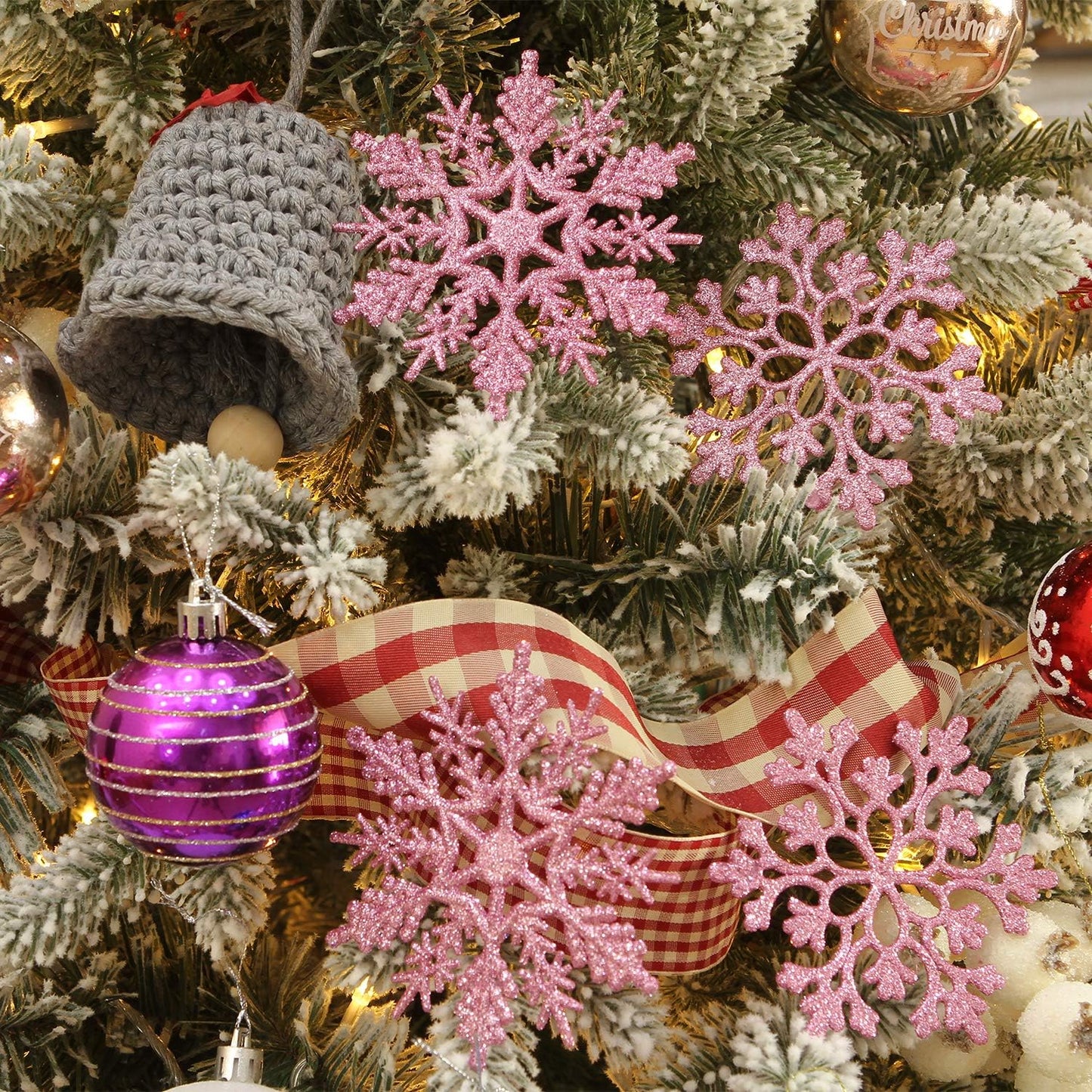 Plastic Christmas Glitter Snowflake Ornaments Christmas Tree Decorations, 4-Inch, Set of 36, Pink
