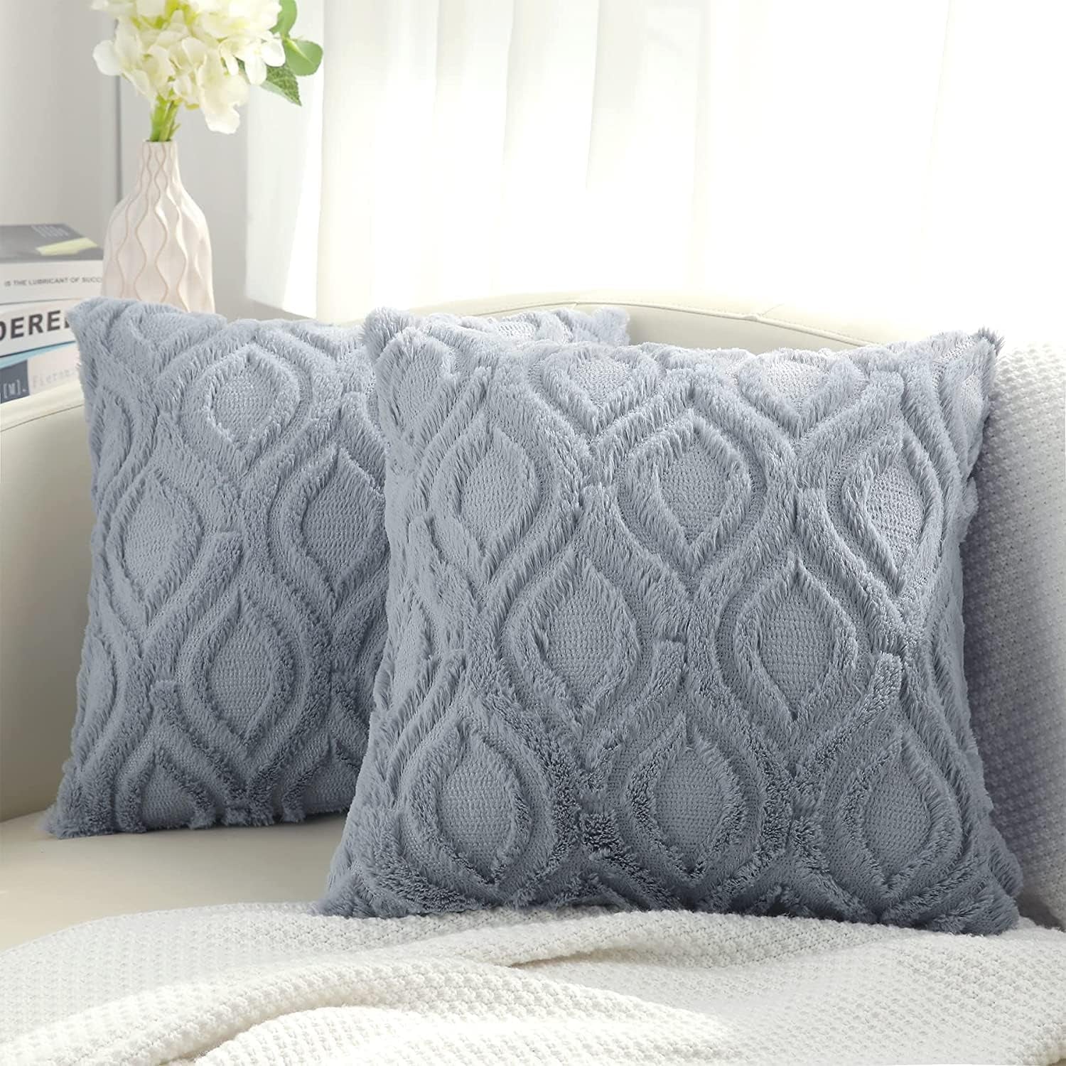 Decorative Throw Pillow Covers 18X18, Soft Plush Faux Wool Couch Pillow Covers for Home, Set of 2, Blue Grey
