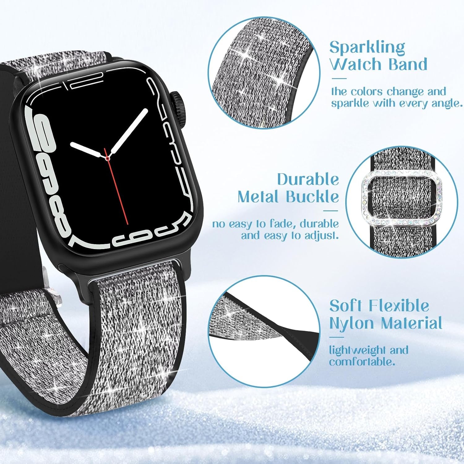 Bling Stretchy Nylon Band Silver Watch Bands for Women Compatible with Apple Watch Band 38Mm 40Mm 41Mm 42Mm (S10) Adjustable Unique Charms Metal Strap for Iwatch Series 10/9/8/7/6/5/4/3/2/1