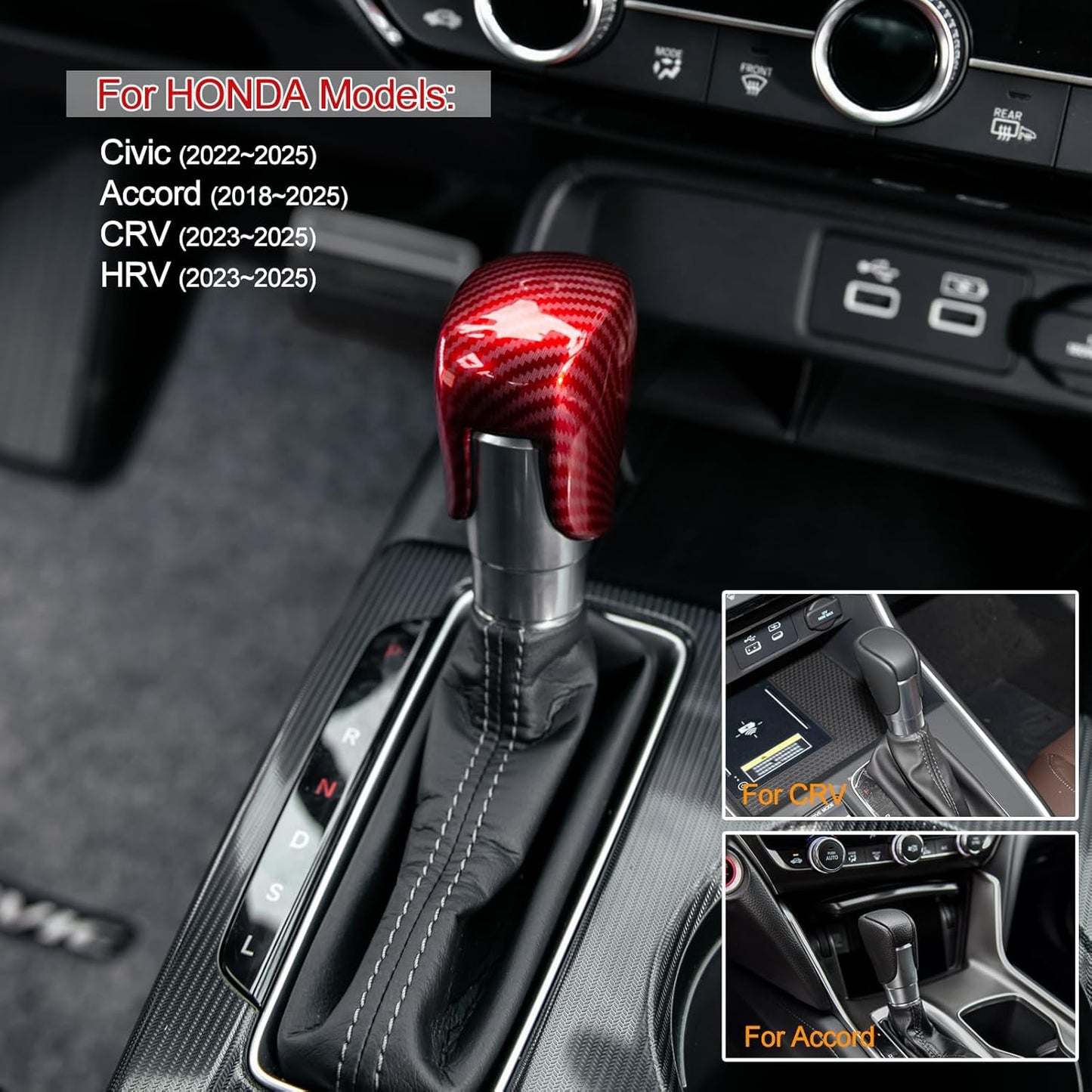 Compatible with Honda Civic 2022 2023 2024 2025 for CRV HRV 2023 2024 2025 for Accord 2018-2024 2025 Accessories Car Center Console Gear Shift Knob Cover Trim Cap -Red Carbon