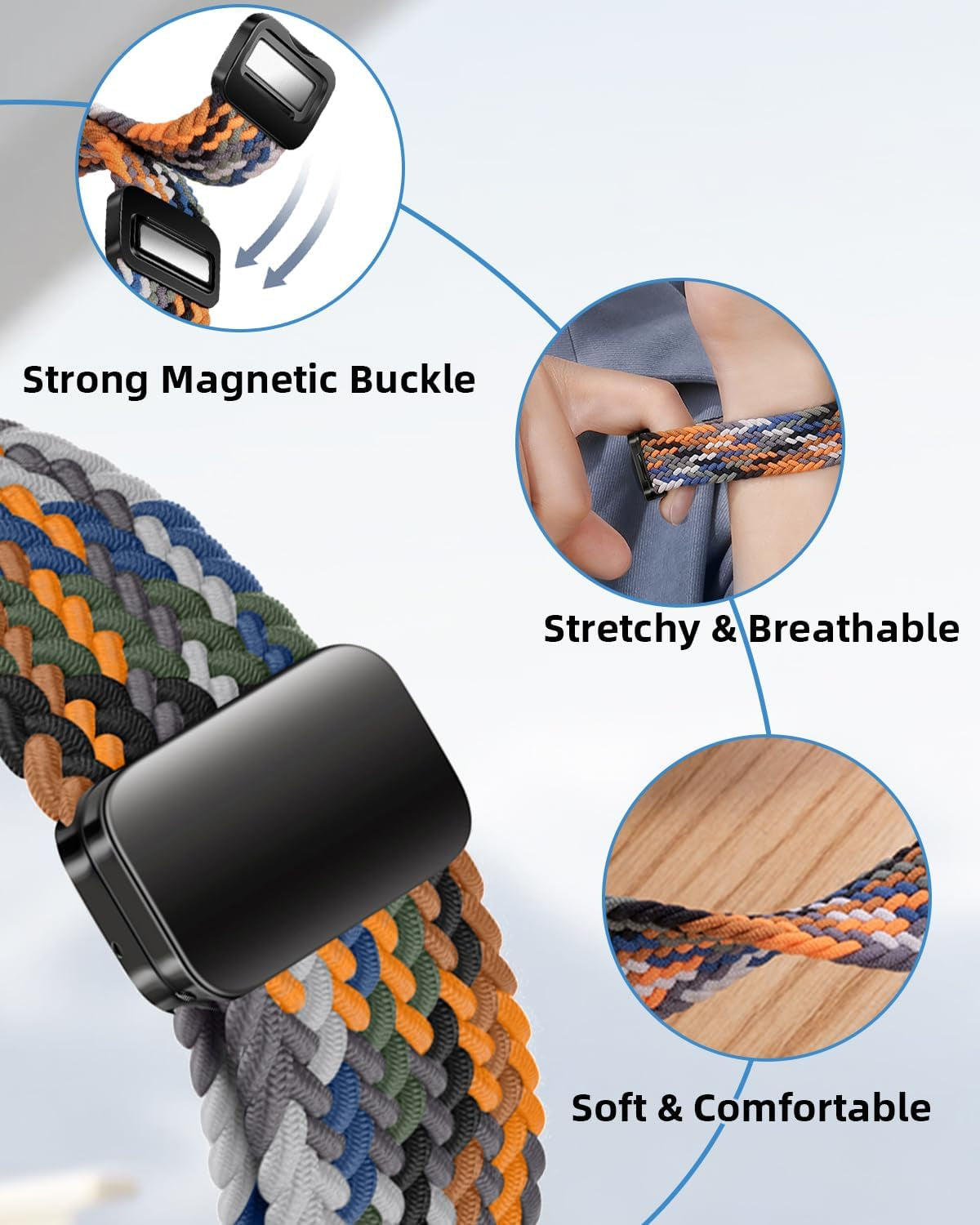One Click No Gap Magnetic Braided Bands Compatible with Samsung Galaxy Watch 7 6 4 5 FE Band 40Mm 44Mm/Watch 6 4 Classic 47Mm 43Mm 42Mm 46Mm/Watch 5 Pro 45Mm, 20Mm Elastic Nylon Sport Strap Men Women
