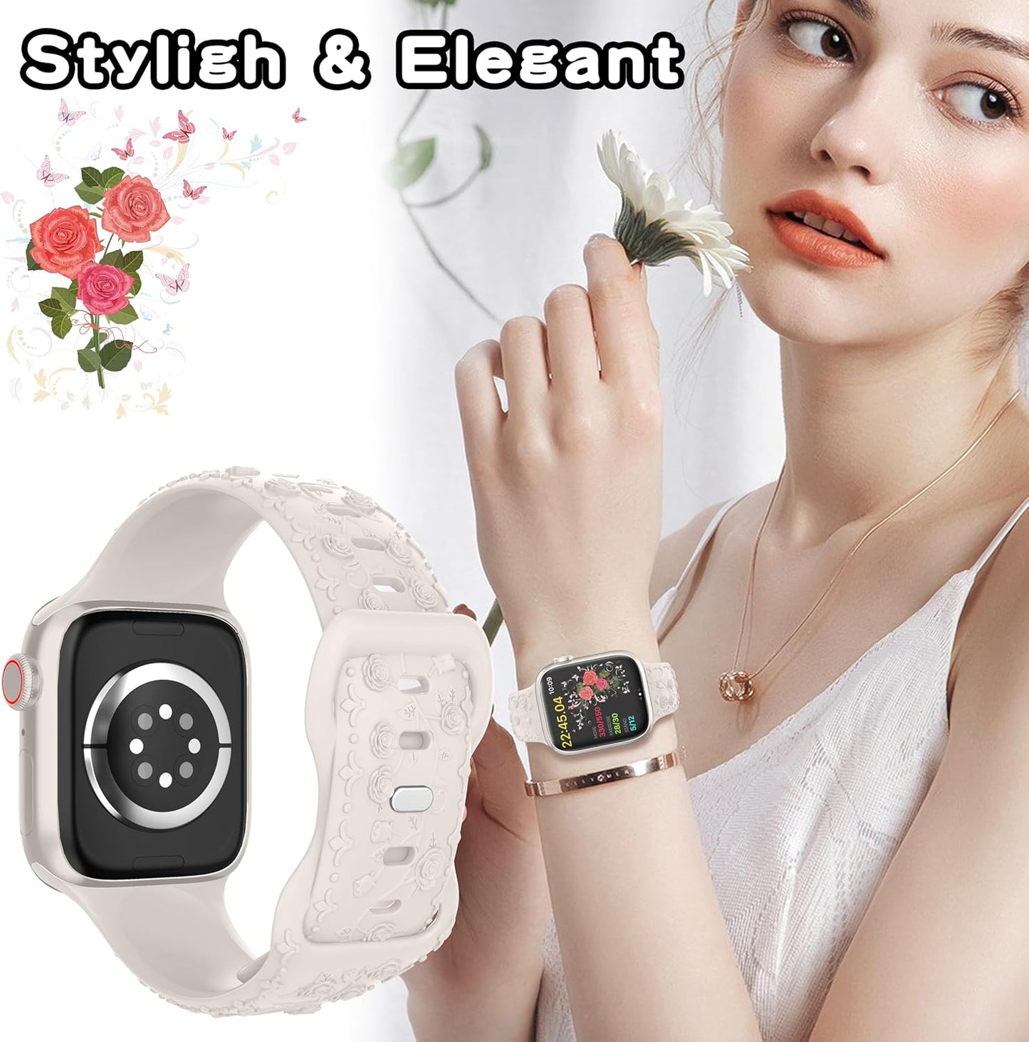 Embossed Flower Band Compatible with Apple Watch Band 40Mm 44Mm 41Mm 38Mm 45Mm 42Mm 49Mm Women,Cute Rose Engraved Strap Soft Silicone Wristbands for Iwatch Series 9 8 7 6 SE 5 4 3 2 1 Ultra