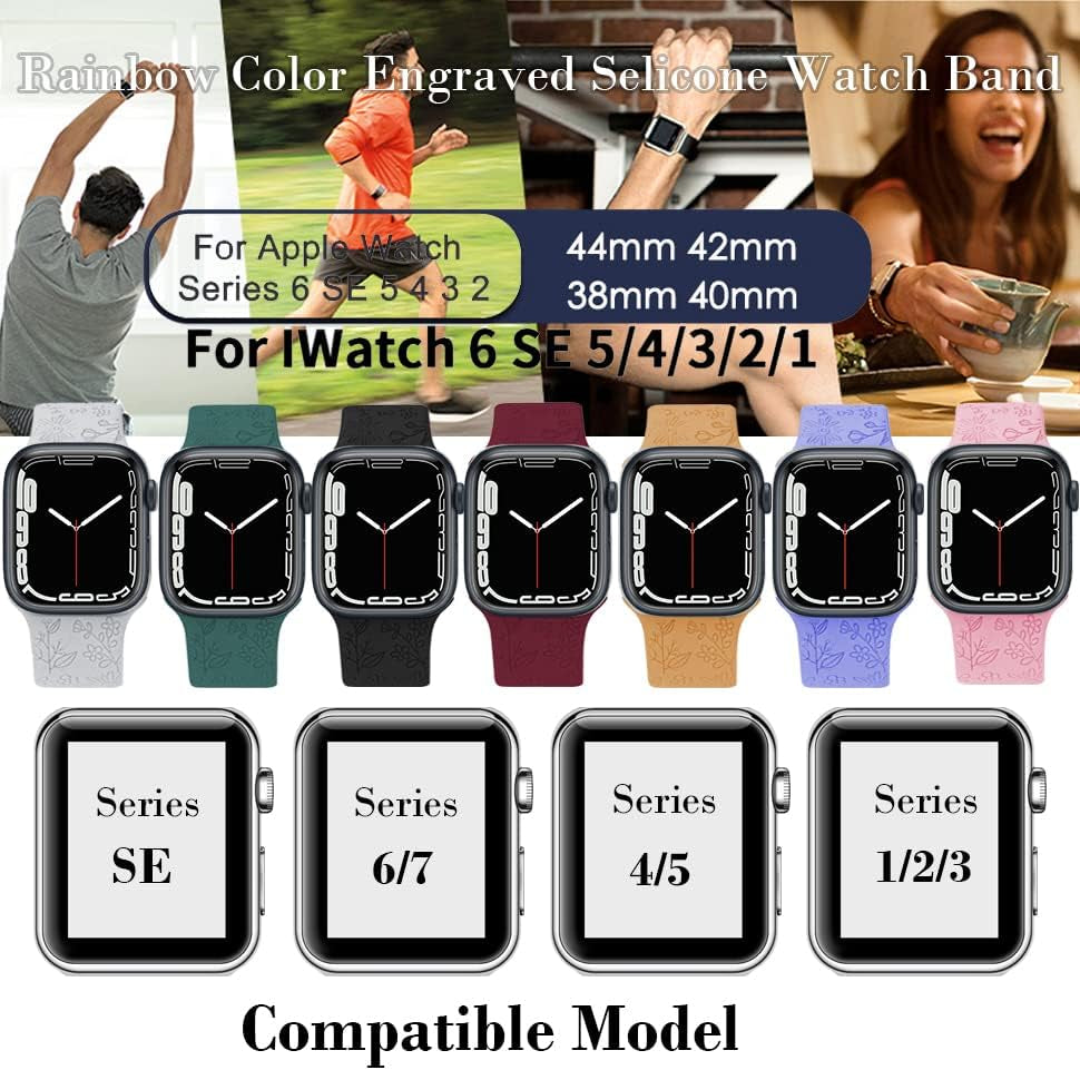 Flower Engraved Bands Compatible with Watch Band 38Mm 40Mm 41Mm 42Mm 44Mm 45Mm Women Men,Sport Strap Replacement Wristbands for Watch Series 7/6/5/4/3/2/1/SE,3 Pack